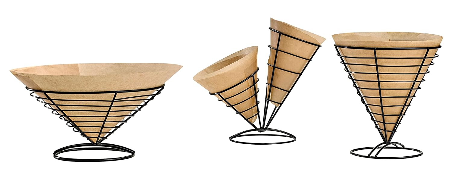 PACKNWOOD 294CONEDOUB - Metal Wire Cone Fry Holder (2 Cones) - Fry and Appetizer Cone Display - Decorative Ring Stand for Food - Reusable and Dishwasher Safe - (H:8", 5.9" Diameter) (Case of 6)