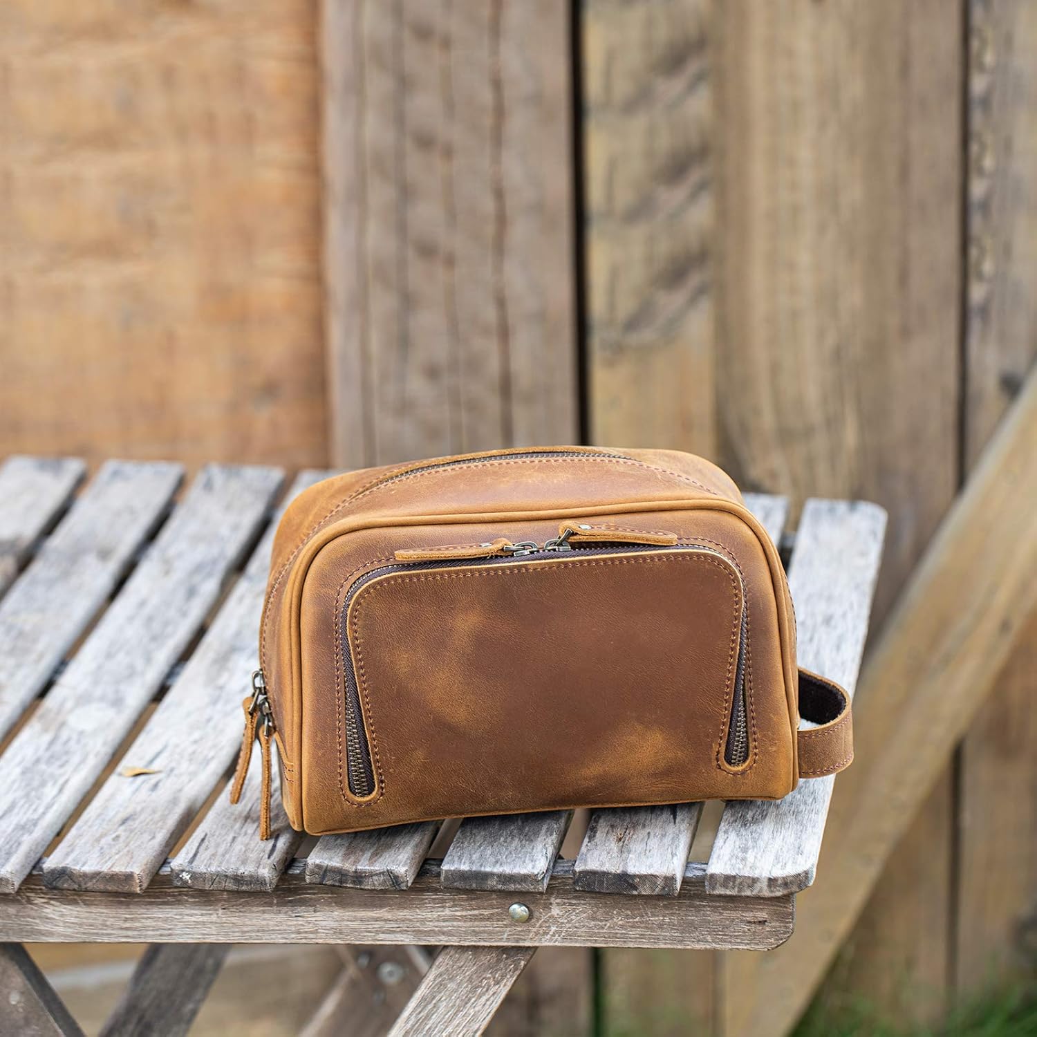 Polare Vintage Full Grain Leather Handmade Travel Toiletry Bag for Men - Dopp Kit - Shaving Kit with YKK Metal Zippers A-Brown - Image 5