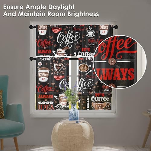 Miniatura 6 de Cortinas de Ventana de Cocina con Temática de Café, Juego de Cenefa y Niveles, Negro Rojo Lindo Bolsillo para Varilla Cortina de Nivel Corta, Retro