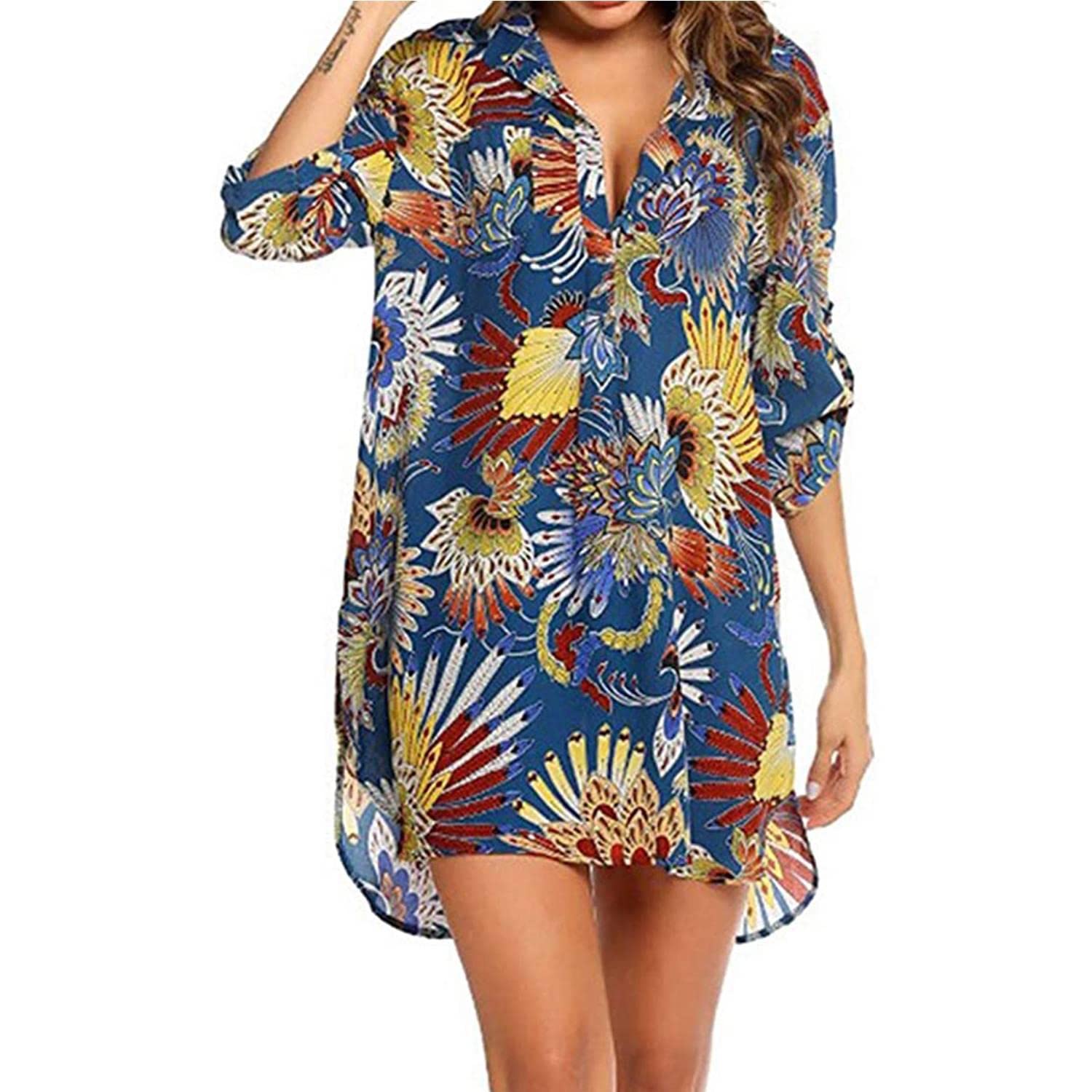 Cuello en V Pareos Playa Vestido de Playa Camisero de Manga Corta Mujer Camisa Suelta Vestido Pareo Playa Ropa de Baño Playa Bikini Cover up