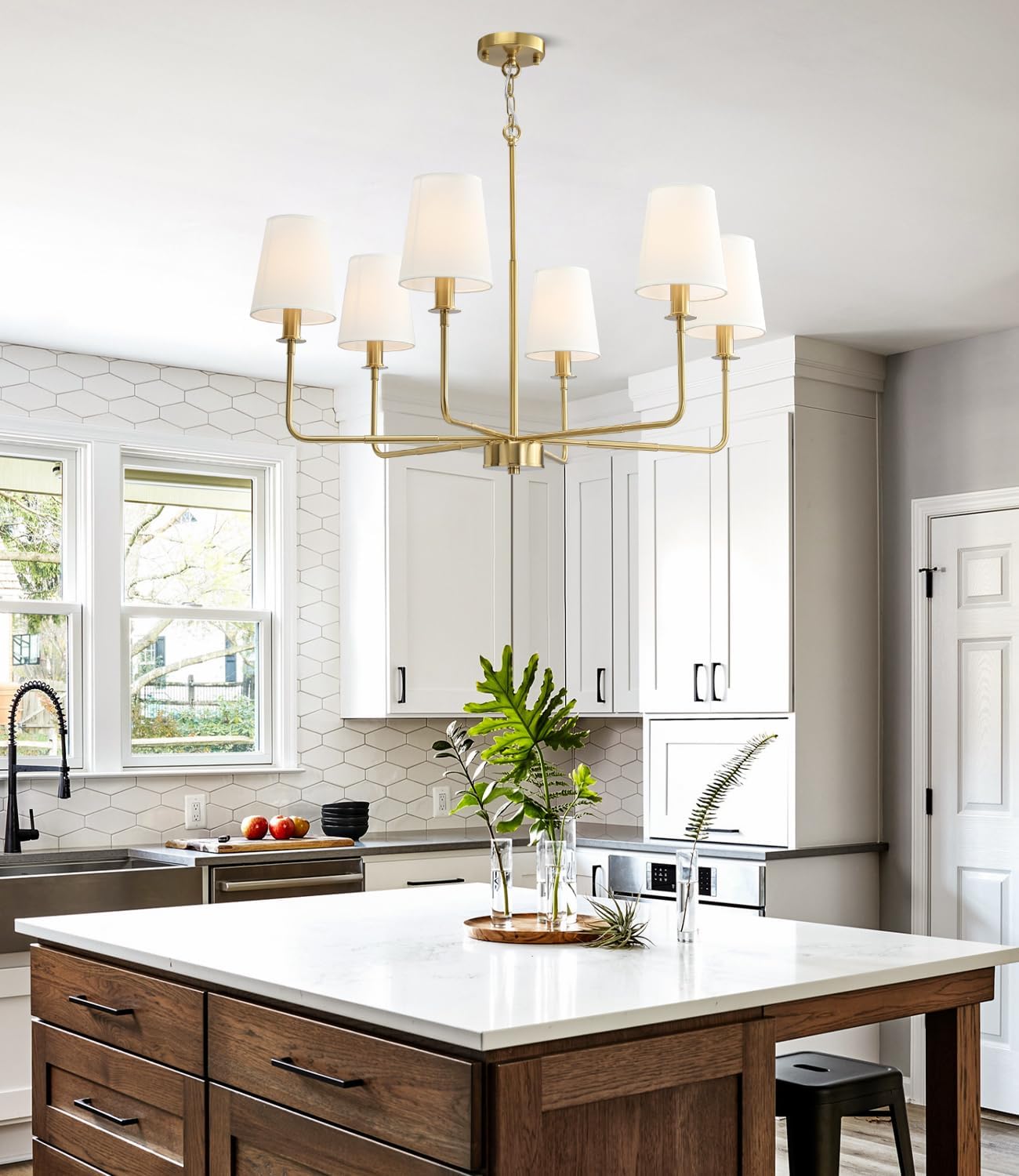 6-Light Classic Chandelier with Brushed Gold Finish & Linen Shades, E12 Base Rustic Ceiling Light Fixture for Kitchen Island, Dining Room, Entryway, Industrial Farmhouse Lighting
