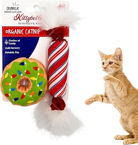 Huxley & Kent Paquete de 2 juguetes para gatos  Dulces de dona iluminada y menta  Juguete para gatos relleno de hierba gatera fuerte para Navidad
