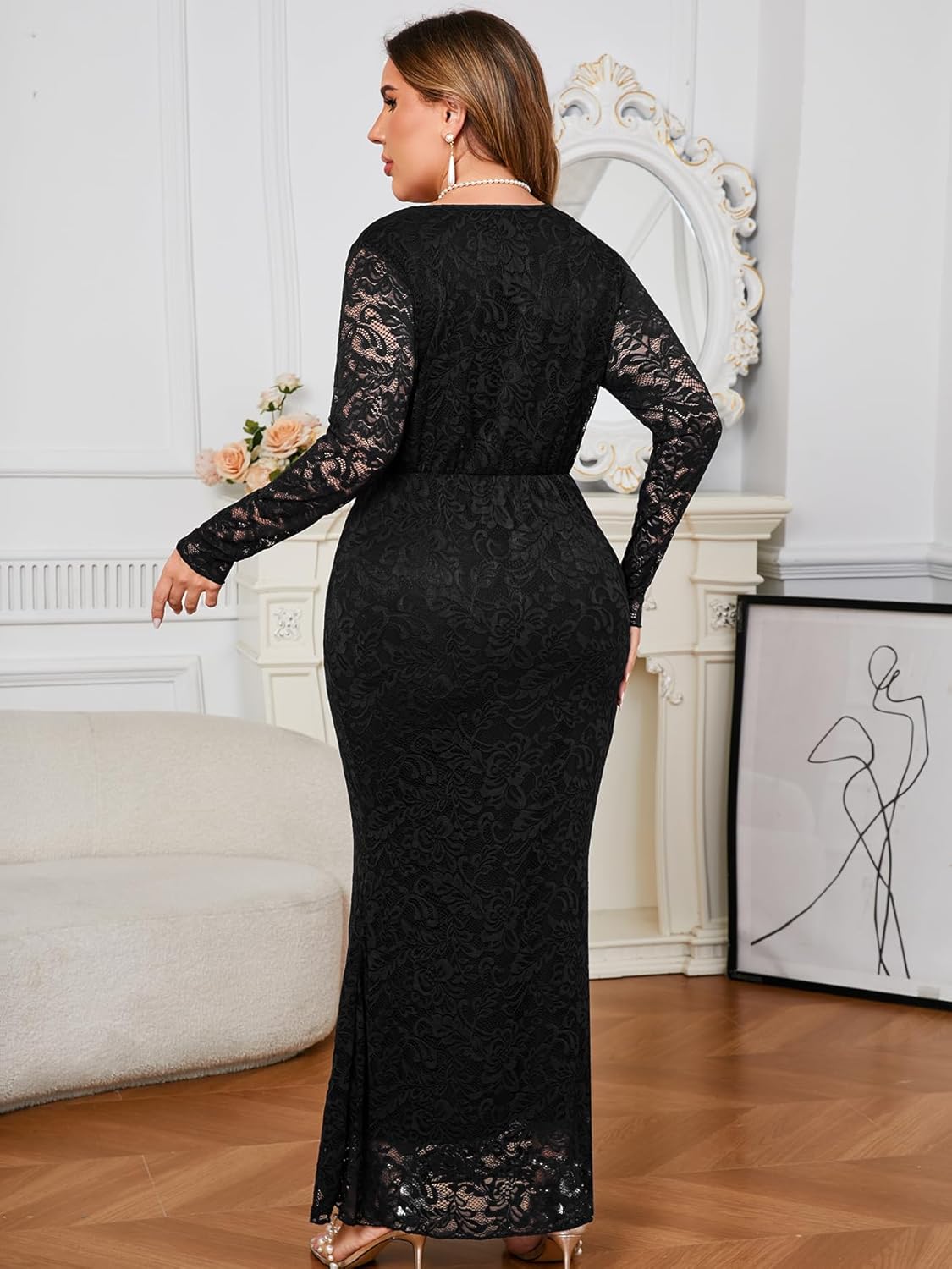 ZOMVA Plus Size Floral Lace Dress Elegant Bodycon Mermaid Maxi Evening Gown V Neck Wrap Long Sleeve Formal Dresses Party - Image 5