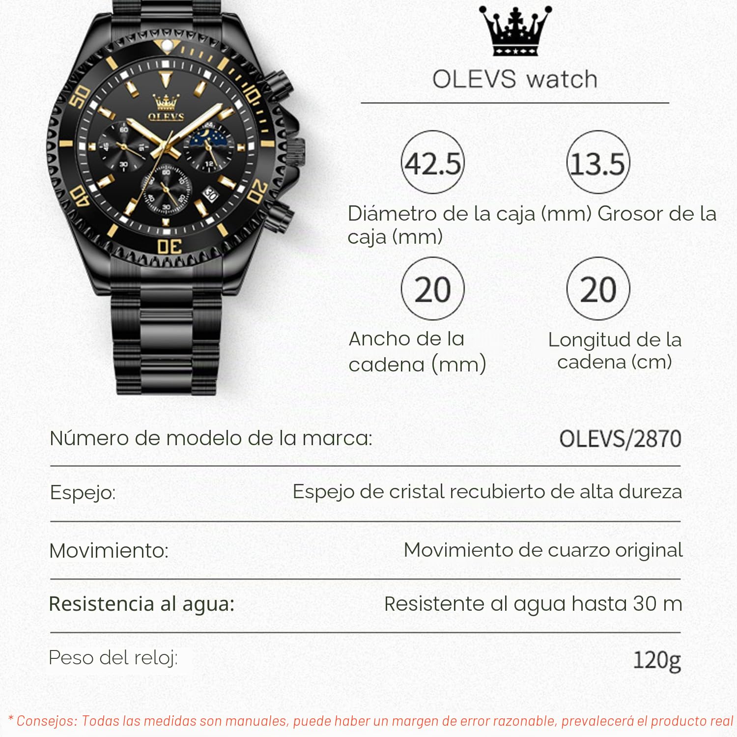 OLEVS reloj de Esfera Verde para Hombres Moda Cronómetro Impermeable Cuarzo, Acero Inoxidable Oro y Plata, Pulsera Multifuncional