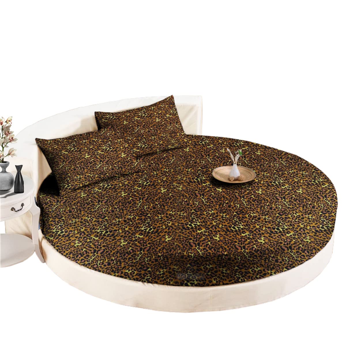 SGI Round Fitted Bedsheet with Pillow Covers 600 Thread Count 84" Diameter Fits Upto 12" Deep Pocket Colour: Leopard Print Solid Pattern All Around Elastic Soft & Durable Bedsheet