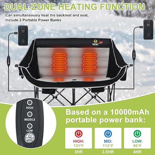 Miniatura 5 de Nice C Silla de camping con calefacción con batería, sillas plegables con calefacción para exteriores, silla de campamento doble acolchada para
