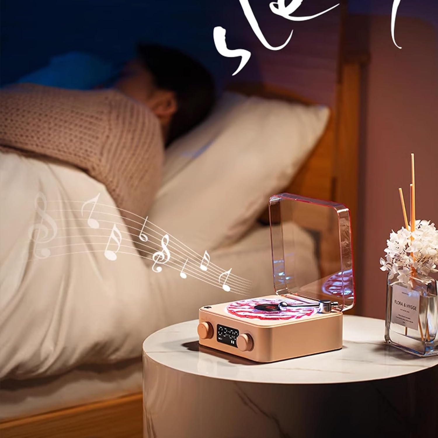The Waves Vinyl Player, Waves Bluetooth Speaker, 2025 New Portable Vintage Vinyl Speaker with Adjustable Light and Time for Bedroom, Party (Pink)