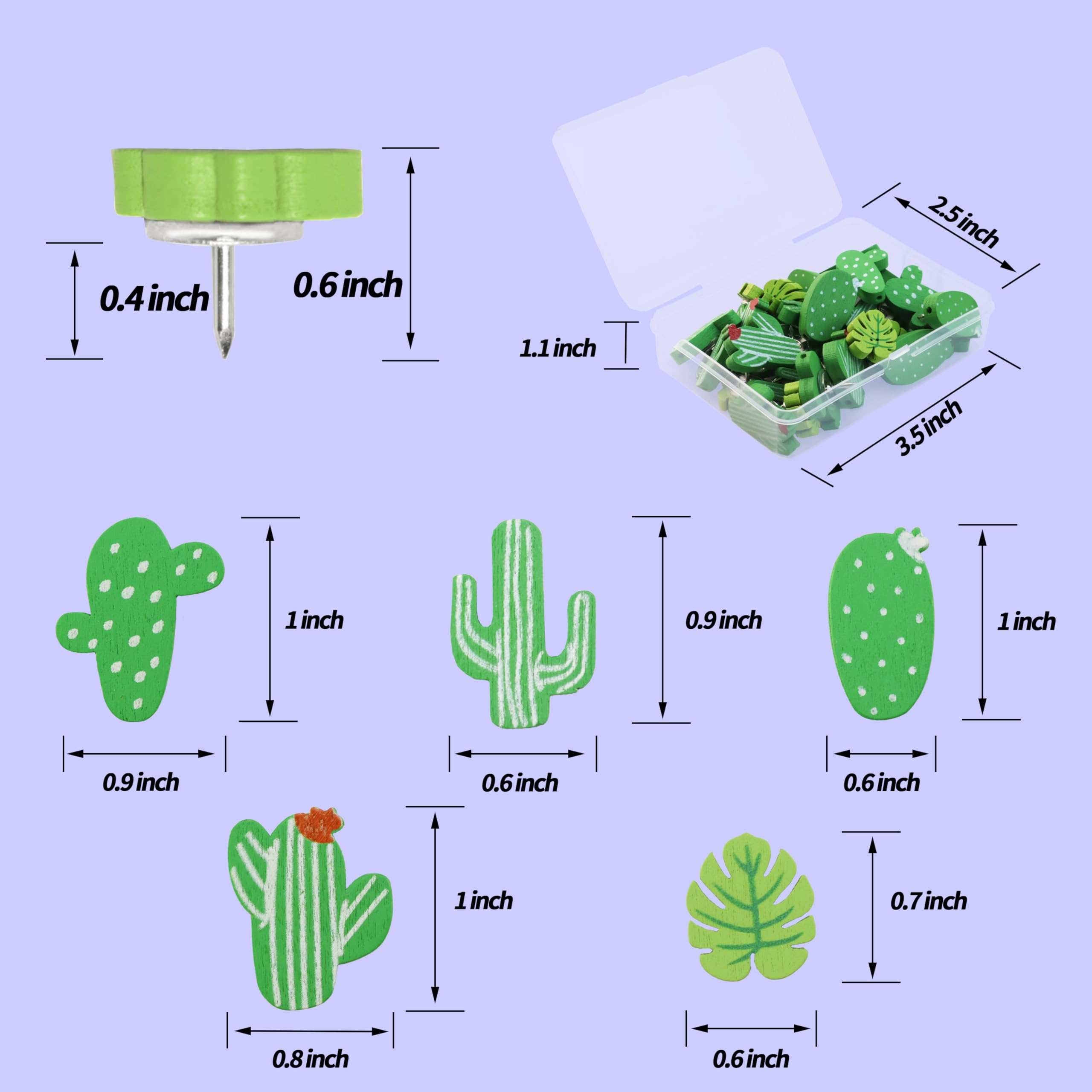 50 Pcs Leaf Push Pins Decorative Thumb Tacks in Green Cute Office Decor for Cork Board Bulletin Board, Photos Wall Maps and Other Offices Schools Supplies Christmas Decoration: Cacti, 30 Pcs