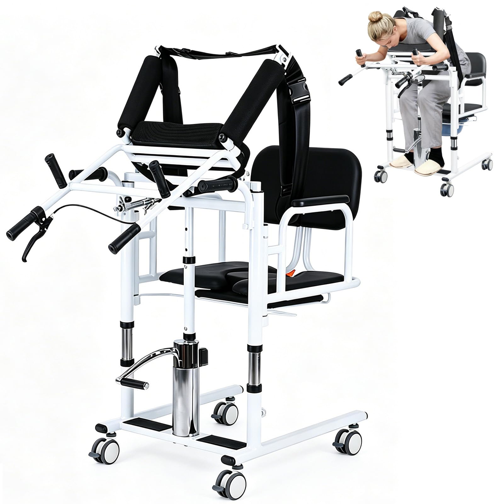 SULQING Portable Hydraulic Patient Lift Wheelchair, Hydraulic Patient Lift Transfer Chair 4-in-1 Adjustable Lifting Mobility Aid for Elderly, with Split Seat, Potty & 440lbs Capacity for Home