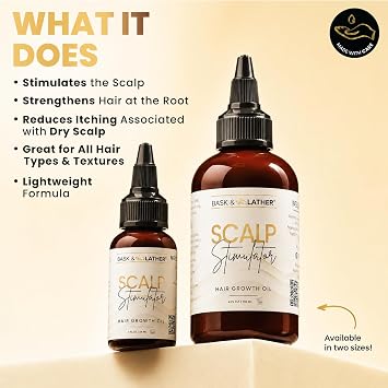 Bask & Lather Scalp Stimulator Hair Growth Oil, Cold Pressed Mint and Rosemary Blend with Grapeseed for Hair Growth, Organic Natural Leave in, All Hair Types, 2 Fl Oz