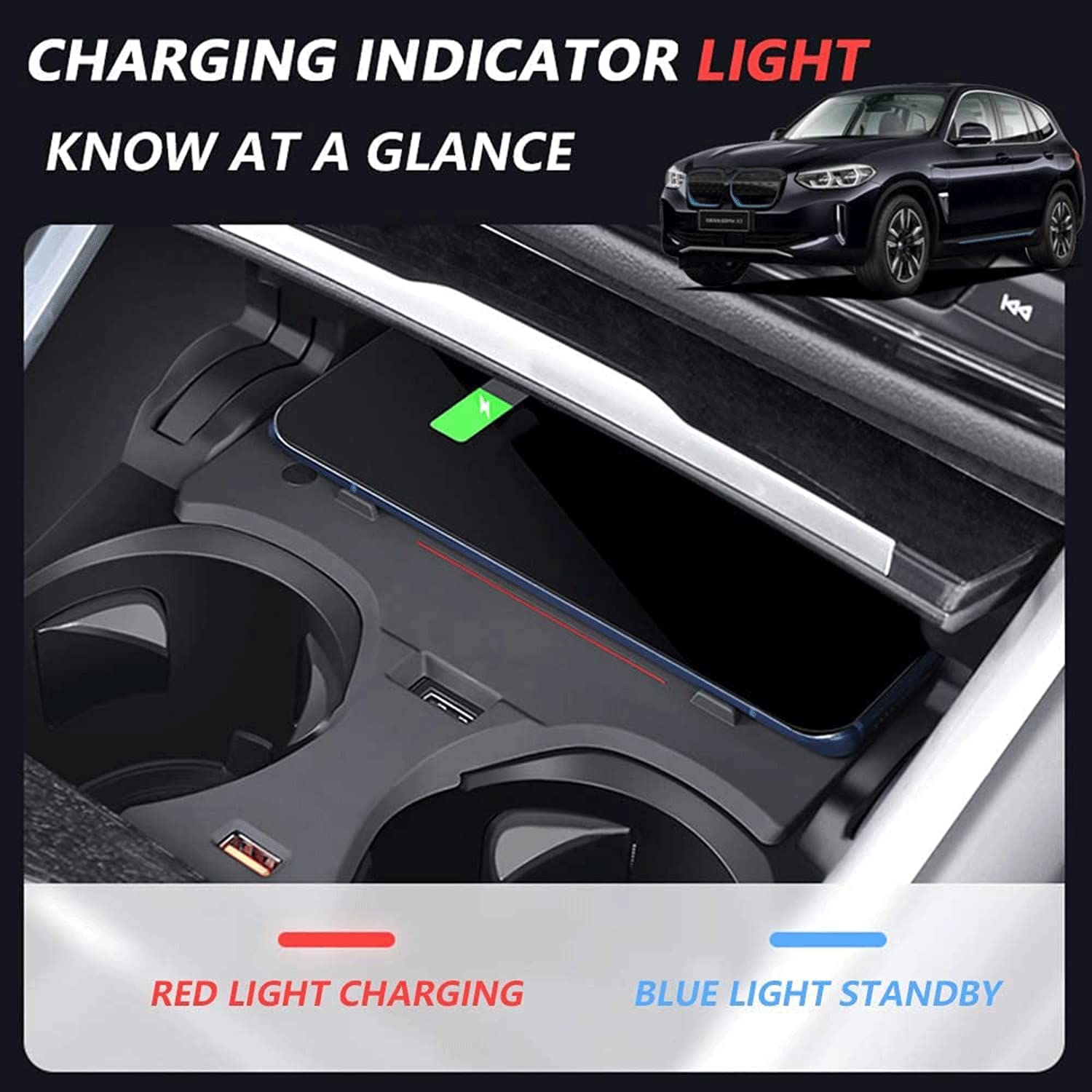 Cargador de coche inalámbrico para BM X3/X4 2018 2019 2020 2021 Panel de accesorios de consola central, con doble puerto USB QC3.0 Placa de carga rápida inalámbrica de teléfono móvil de 15 W par