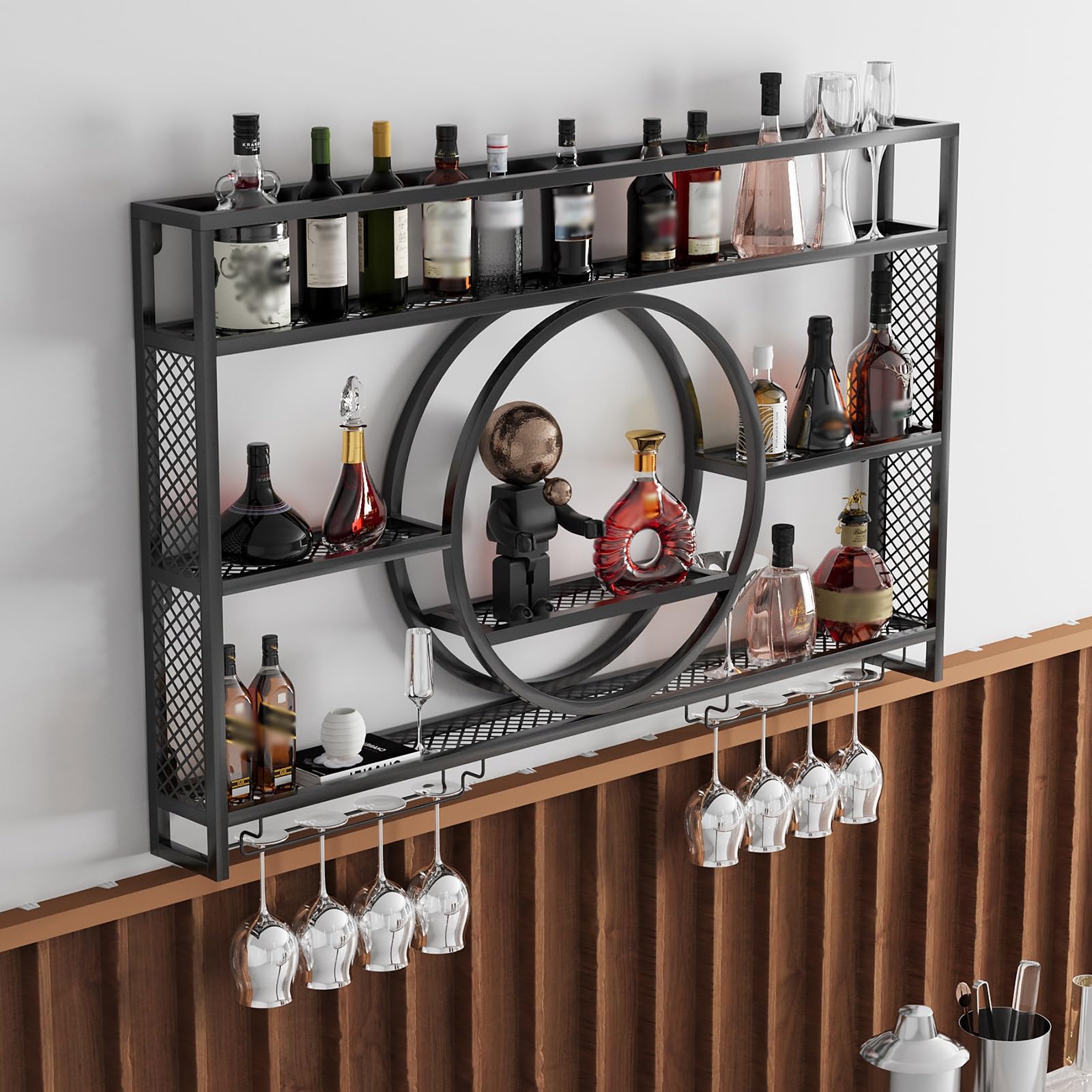 Botellero De Pared, Estantes Flotantes Rústicos De Metal para Almacenar Licores, Estante con Luz LED para Exhibir Botellas De Vino, Ideal para Cocinas, Bares Y Comedores(Black,140x80x15cm)