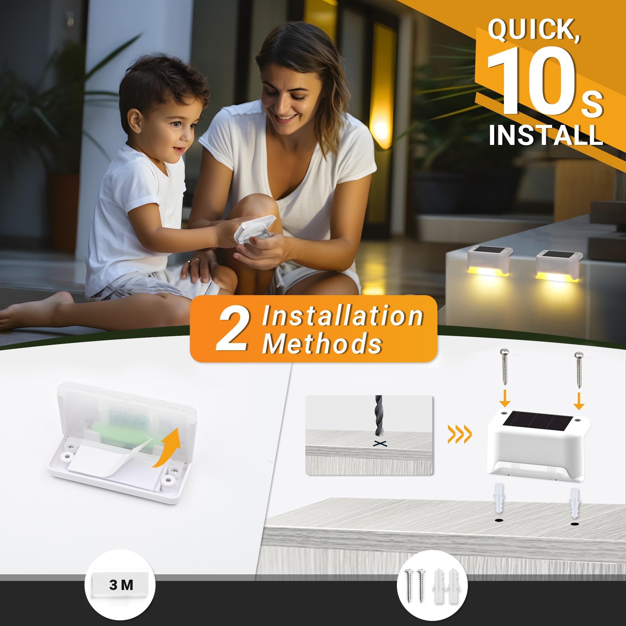 GIGALUMI Luces Solares para Exteriores Pack de 16, Luces para Escaleras, Impermeables, Iluminación LED para Escaleras Exteriores, Escalones, Vallas, Patios, Terrazas, Blanco, Blanco Cálido