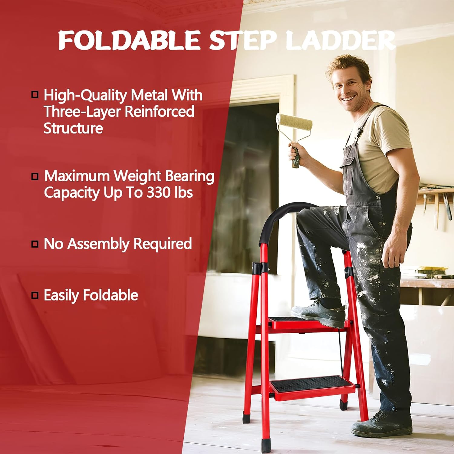 2 Step Ladder Folding, Step Stools for Adults with Wide Anti-Slip Pedals, Curved Cushioned Handrail and Safe-Lock Design, Heavy Duty Portable Multi-Purpose Ladders for Home, Kitchen, Household