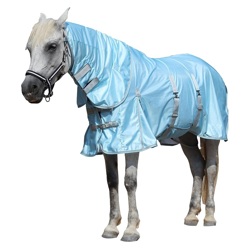 Manta anti-moscas para cavalos Gallopoff com pescoço e proteção de barriga, tela fina respirável Cyan Blue, 182,88 cm