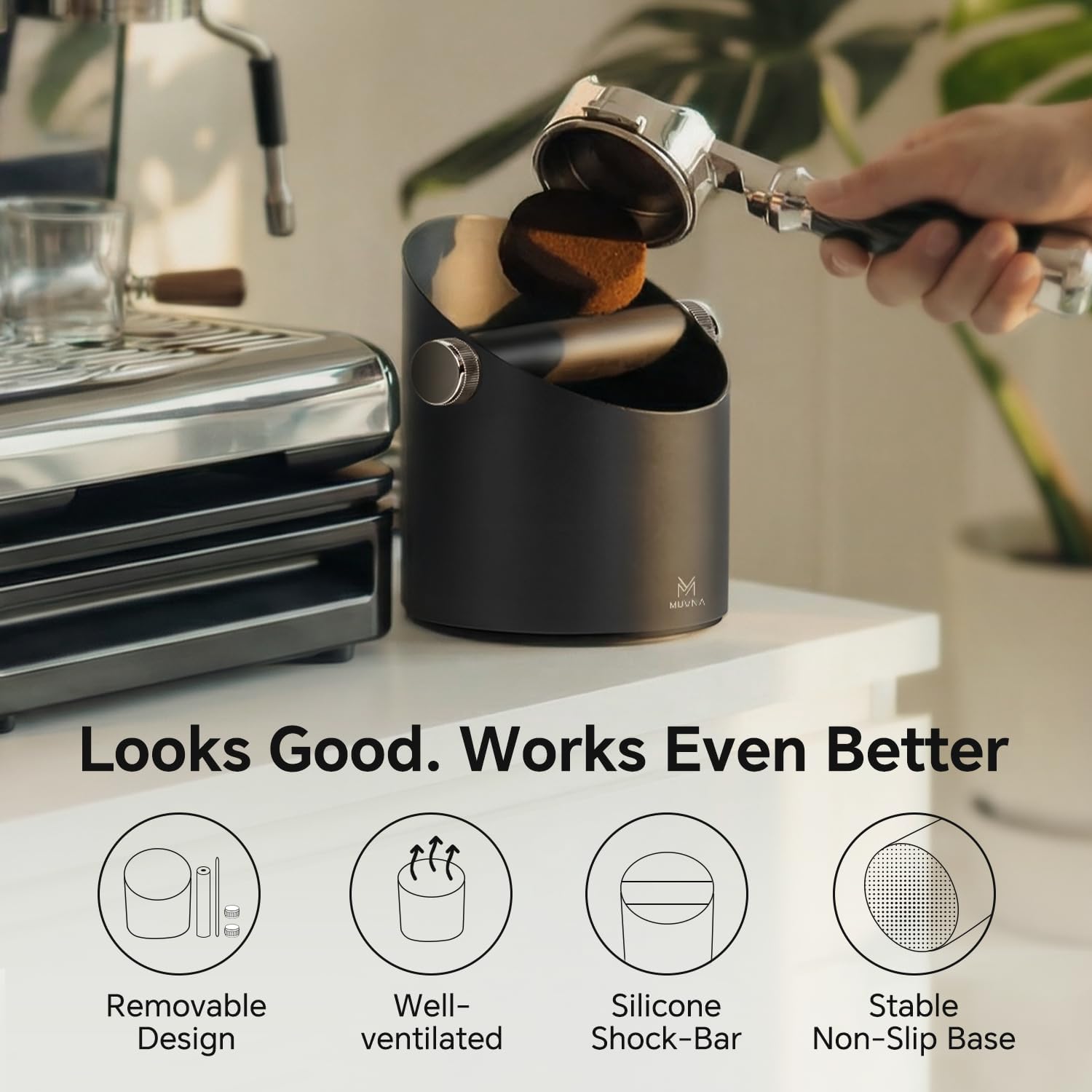 Knock Box Espresso Accessories - 15 Espresso Pucks Steel Espresso Machine Tools for Coffee Ground with Removable Knock Bar, Non-Slip Base, Anti-Splash Coffee Puck Bin for Barista, Black