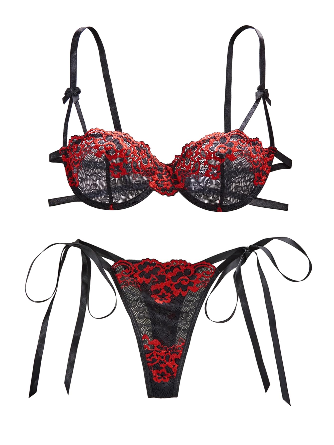 Lilosy Sexy Tie Side Cute Underwire Push Up Strappy Embroidered Mesh Sheer Lingerie Set Women See Through Bra and Panty 2 Piece Bow Red Black Small