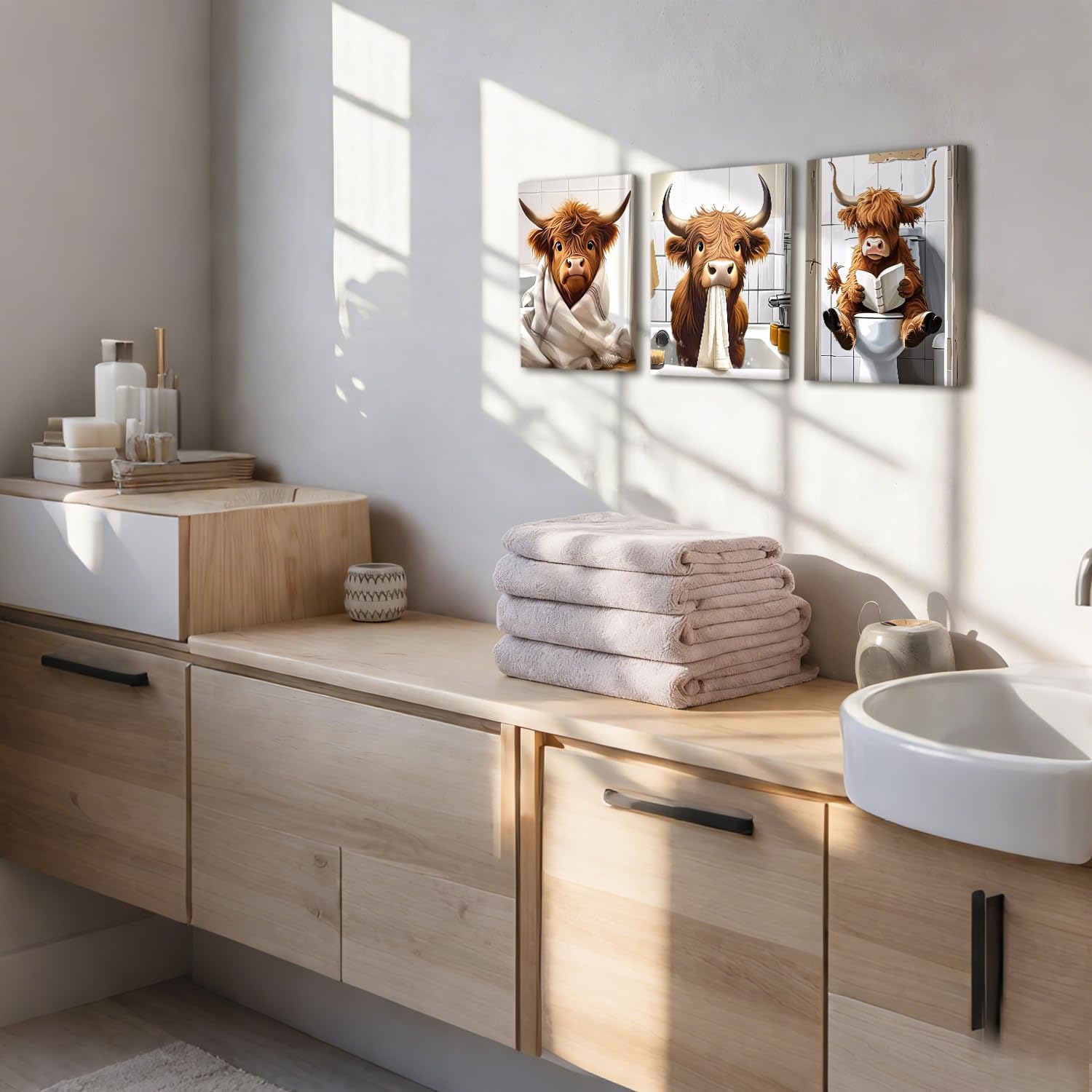 NCCXNCC 3pcs Cute Highland Cow Bathroom Canvas Wall Art Fun Brown Cow Wall Decor Artwork Country Farmhouse Humorous Animal Poster Print Picture Suitable for Bathroom Toilet 12x16 inch Framing