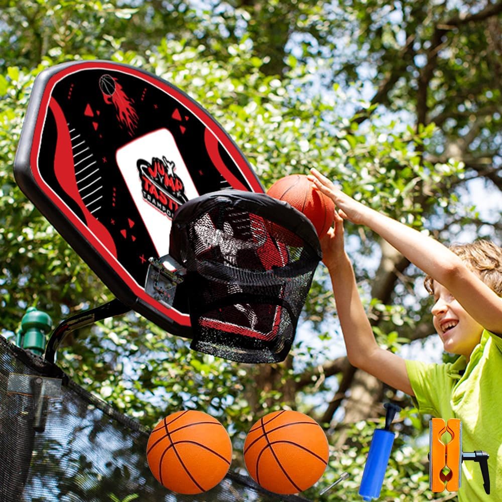 Trampoline Basketball Hoop, Fits Straight and Curved Pole Basketball Hoop for Trampoline, Extra Large Board 29.5 * 20in, Trampoline Basketball Hoop Attachment with Mini Ball and Pump, Easy to Install