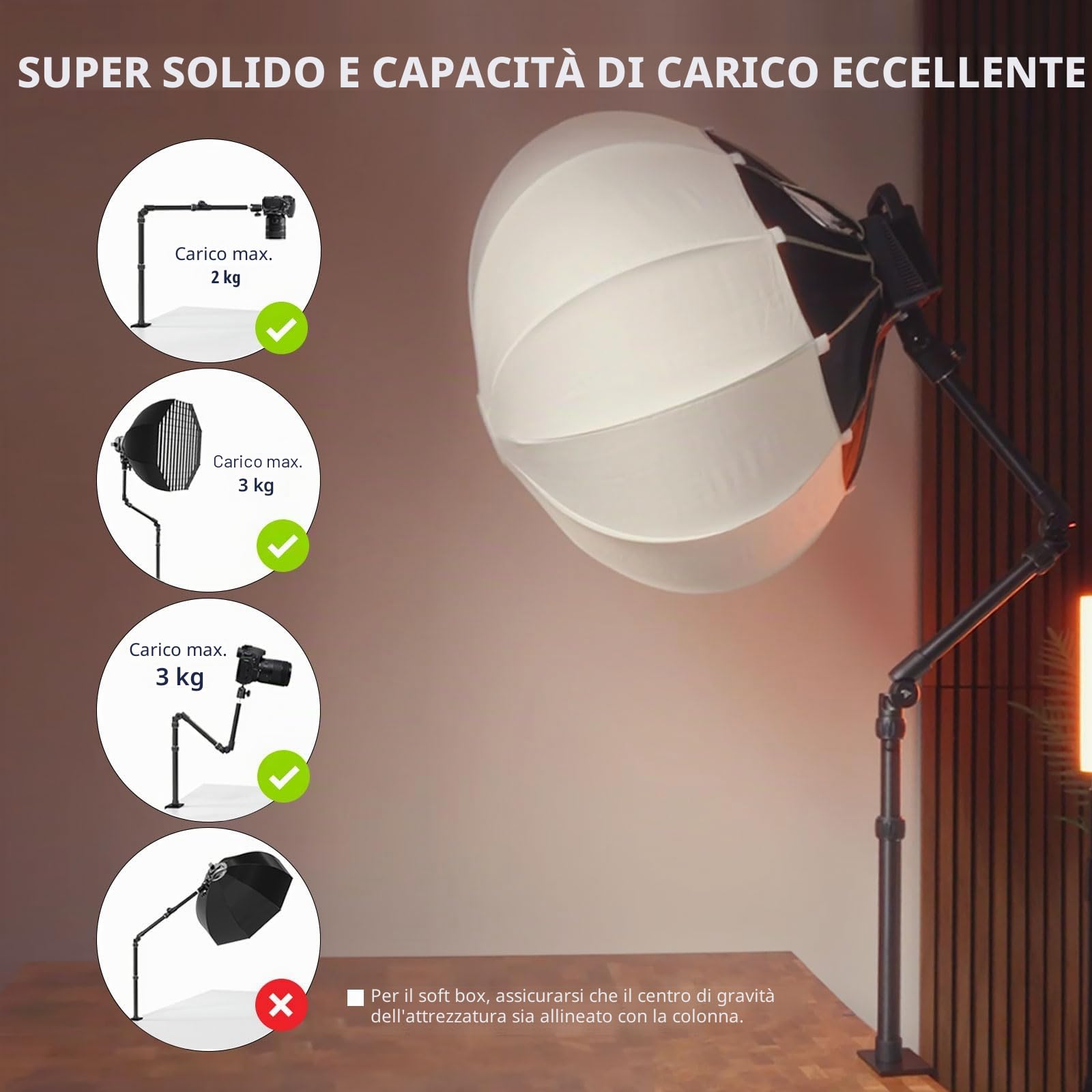 Tutto in metallo: braccio magico RAUBAY da tavolo, supporto da tavolo per fotocamera, supporto per luce da tavolo con testa a sfera da 1/4", adattatore da 3/8" e 5/8", morsetto a C, braccio retrattile