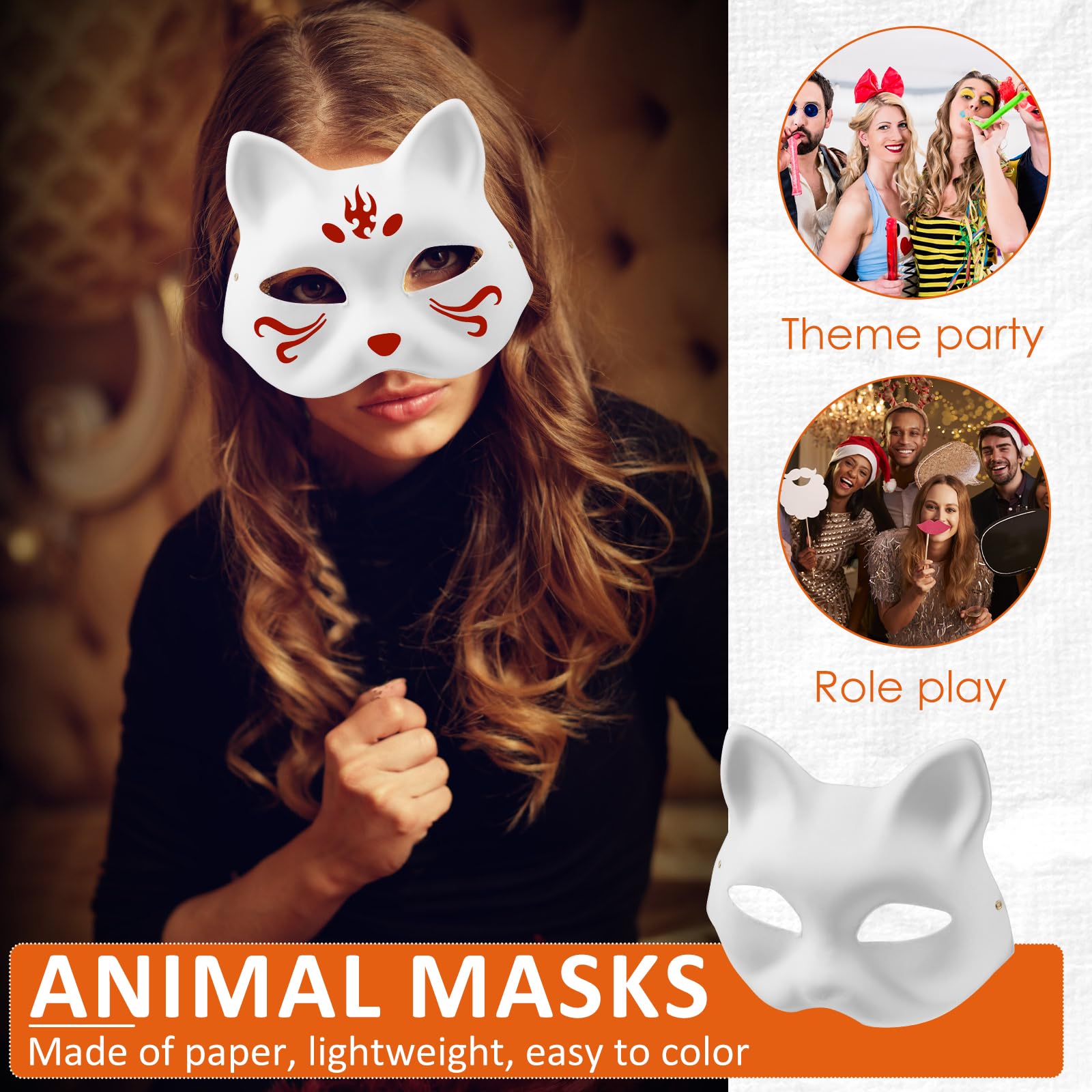 QINGLANG 24Pcs Cat Masks to Decorate Mask White Paper DIY Blank Animal Hand-Paintable Anime Half Facemasks Personalised Mask for Cosplay Masquerade - Image 4