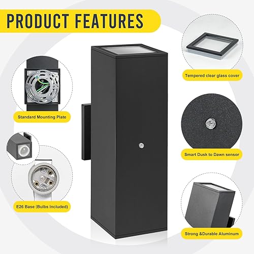 Miniatura 6 de Paquete de 2 lámparas de pared modernas para exteriores, del atardecer al amanecer, impermeables, color negro mate, luces LED de 2700 K