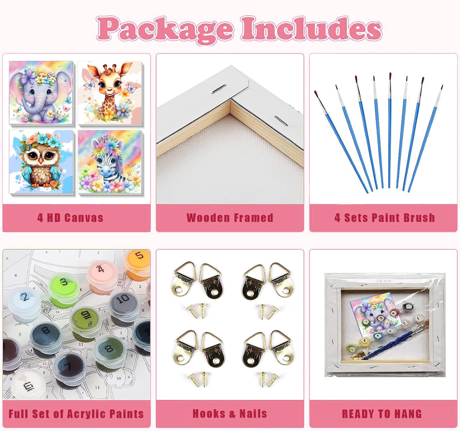 QENSPE Lot De 4 Kits De Peinture Par Numéros Pour Enfants Avec Cadre En