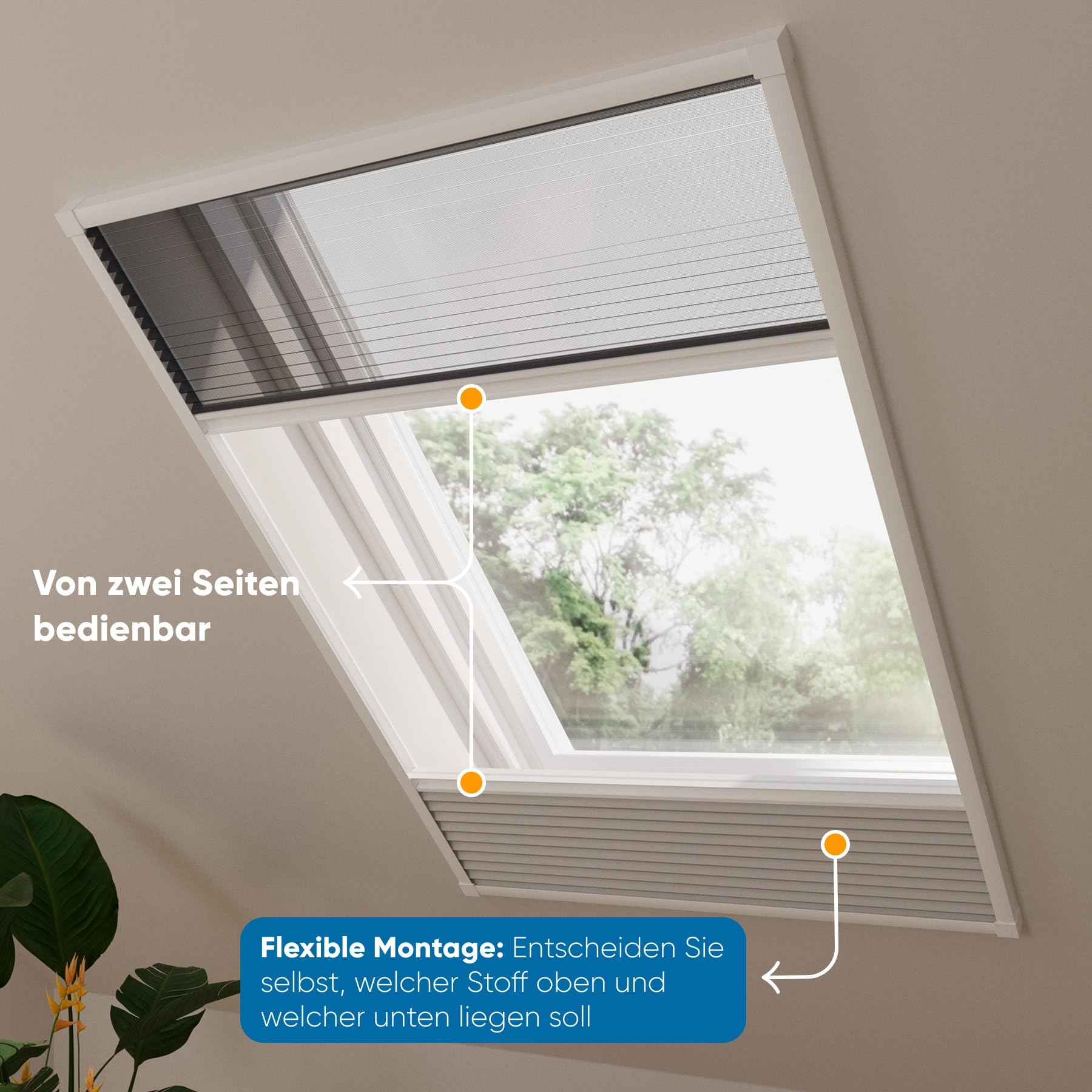 DTCH® Dachfenster Plissee mit Insektenschutz, grau, 80 x 120 cm | Verdunkelung und Fliegengitter in einem, Wabenfalte silberbeschichtet, Hitzeschutz, Aluminium-Rahmen, kürzbar