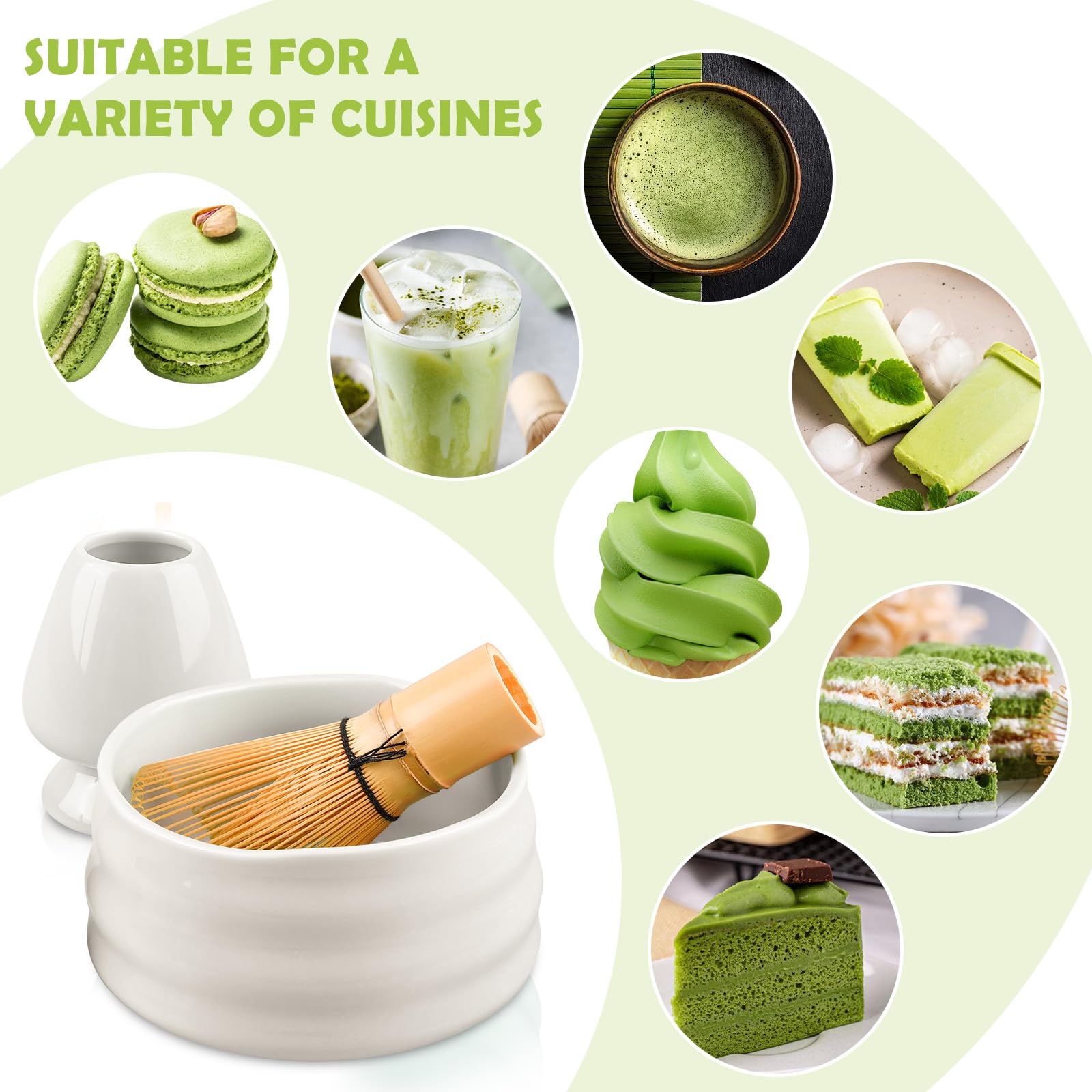 Kit Complet Matcha 6 Pièces BOODPET - Bol, Fouet, Tamis, Cuillère, Support Et Torchon, Vert, Pour Cérémonie Du Thé