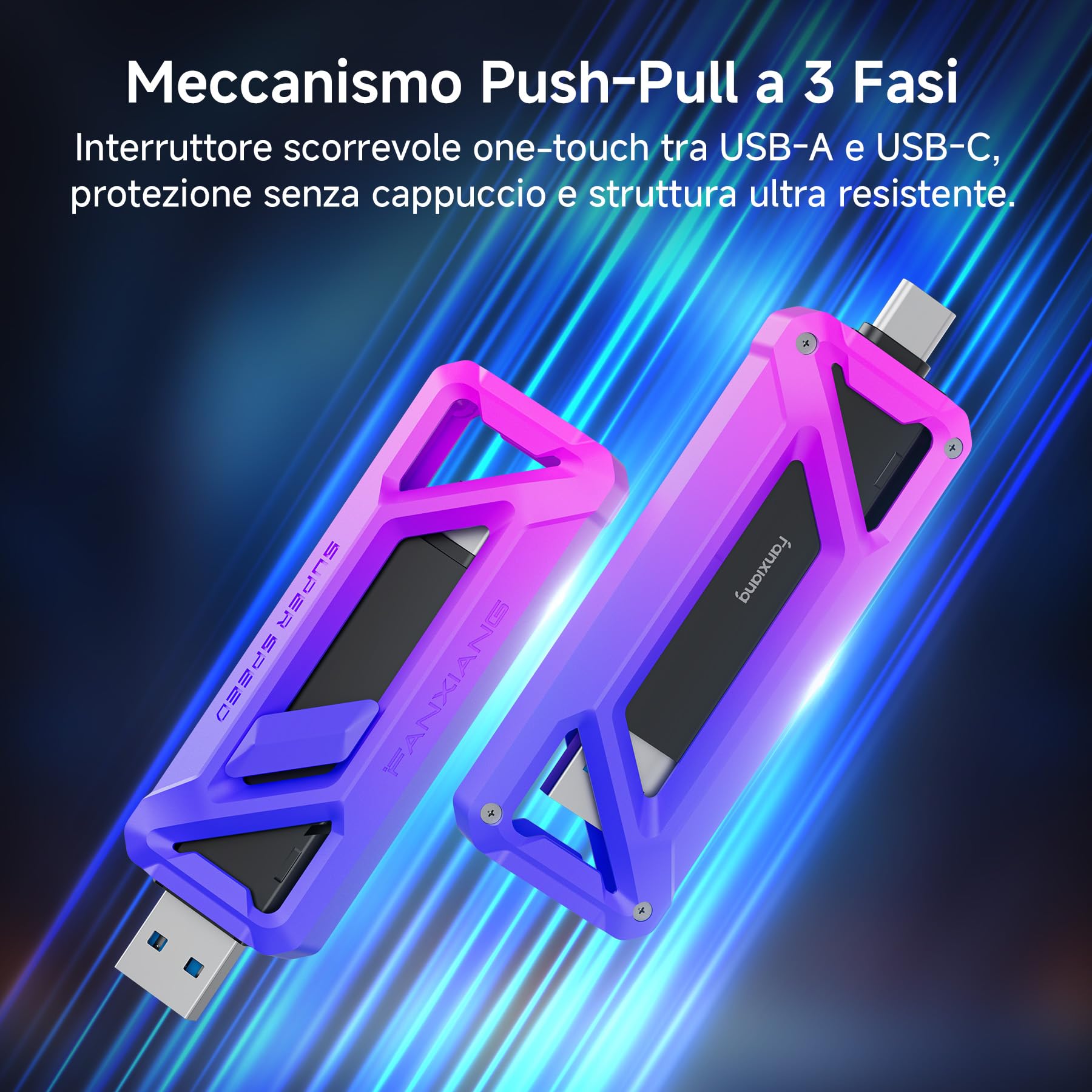 fanxiang FF958 1TB SSD Esterno, 2-in-1 Doppia Interfaccia | 2050 MB/s Type-C 3.2 Gen2×2 + 1050 MB/s USB-A，SSD Portatile Compatibile con iPhone, Smartphone Android, Mac, PC e Tablet
