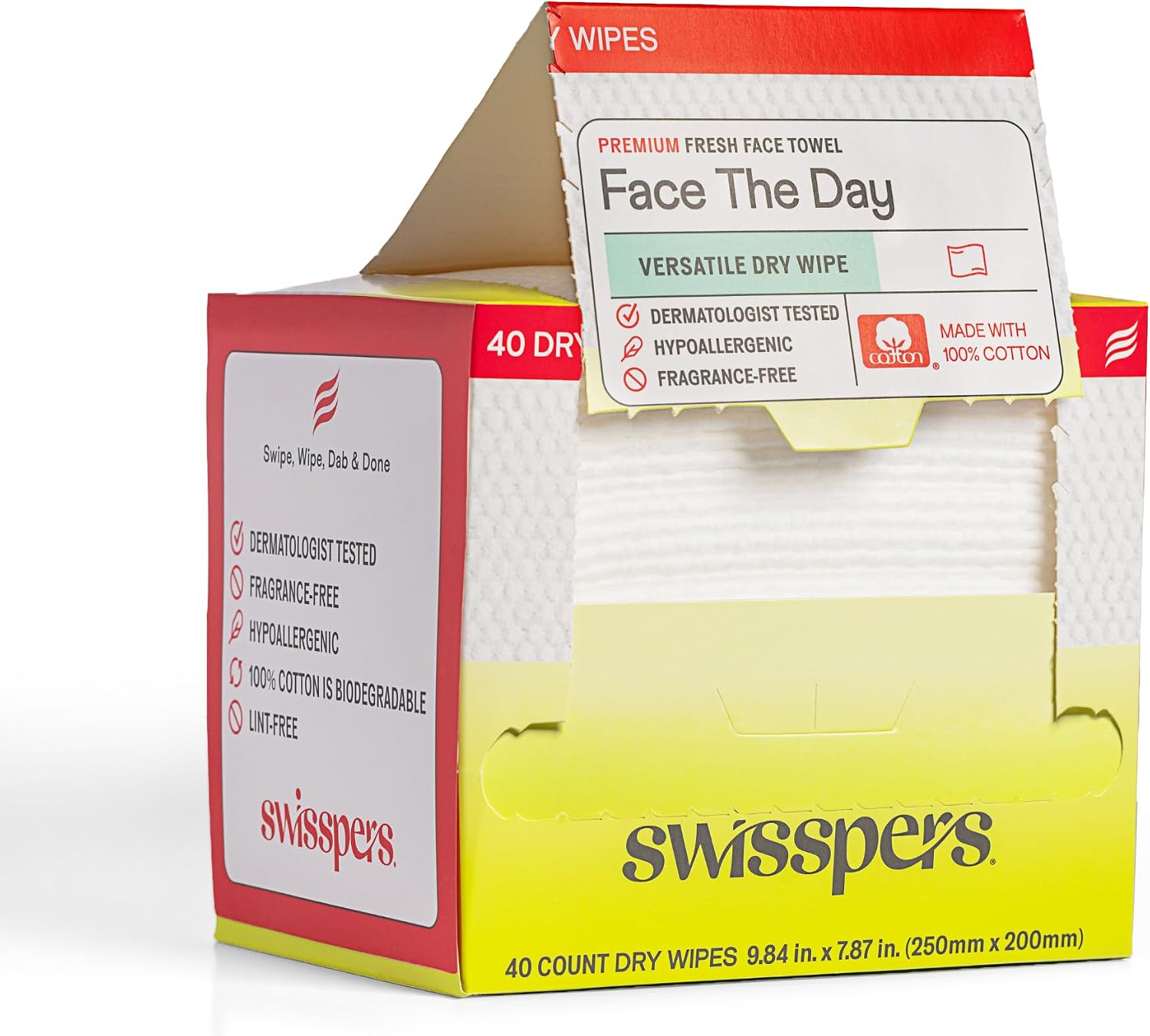 Swisspers Premium 100% Cotton Dry Facial Wipes, 40 Count (Pack of 1)
