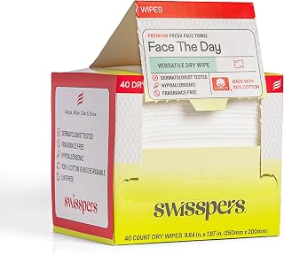 Swisspers Premium 100% Cotton Dry Facial Wipes - Hypoallergenic, Biodegradable Beauty Cloths with Dot Embossing - Vegan Makeup Remover Towelettes for Women & Men, 40 Count (Pack of 1)