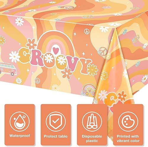 Miniatura 3 de Tiamon 3 manteles de plástico con diseño de arco iris y estilo hippie retro para mesa rectangular, desechables, margaritas y flores de arco iris,