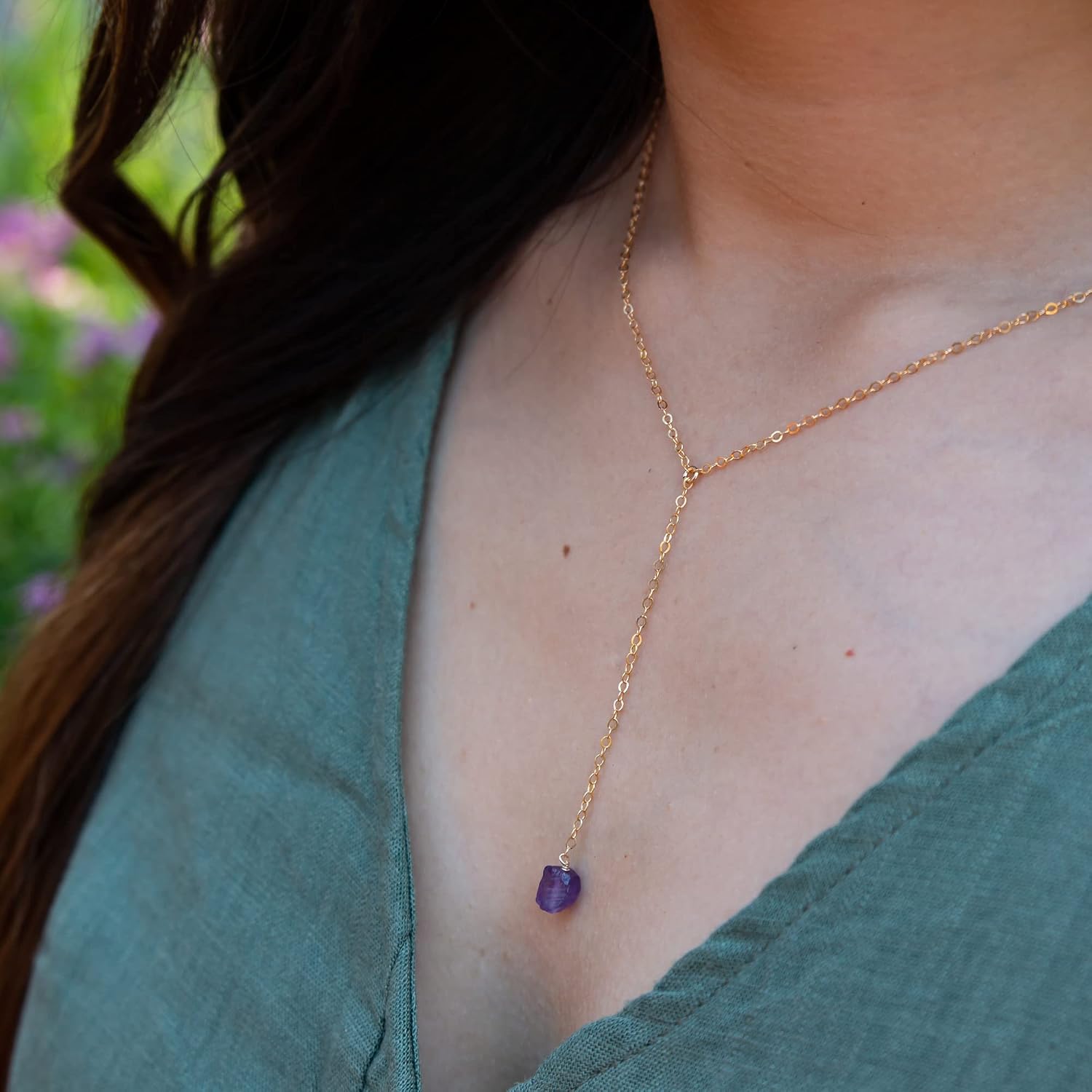 Luna Tide Amethyst Raw Nugget Lariat in 14k Gold Fill