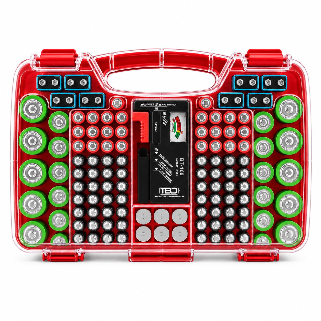 Battery Organizer Storage Case with Tester, Holds 180 Batteries, Clear Hinged Cover, Locking Lid - For AA, AAA, C, D and More, Red
