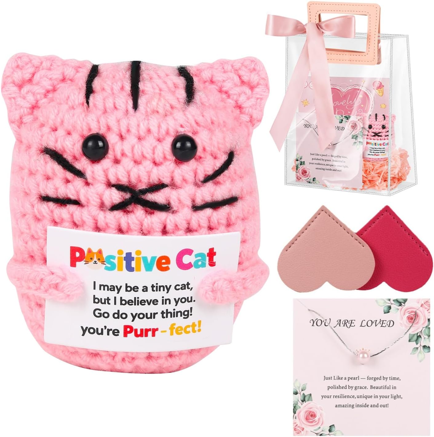 Mini Crochet Cat Gift Set – Inspirational Support Plush with Pink Pearl Necklace, Blank Encouragement Card, Bookmarks – Mental Health Gifts for Women, Teens, Friends, Cat Lovers
