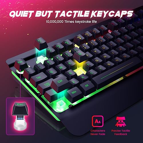 Miniatura 5 de Combo de teclado y mouse para juegos con cable, panel de metal de 104 teclas, teclado de computadora arcoíris con teclas multimedia, reposamuñecas y
