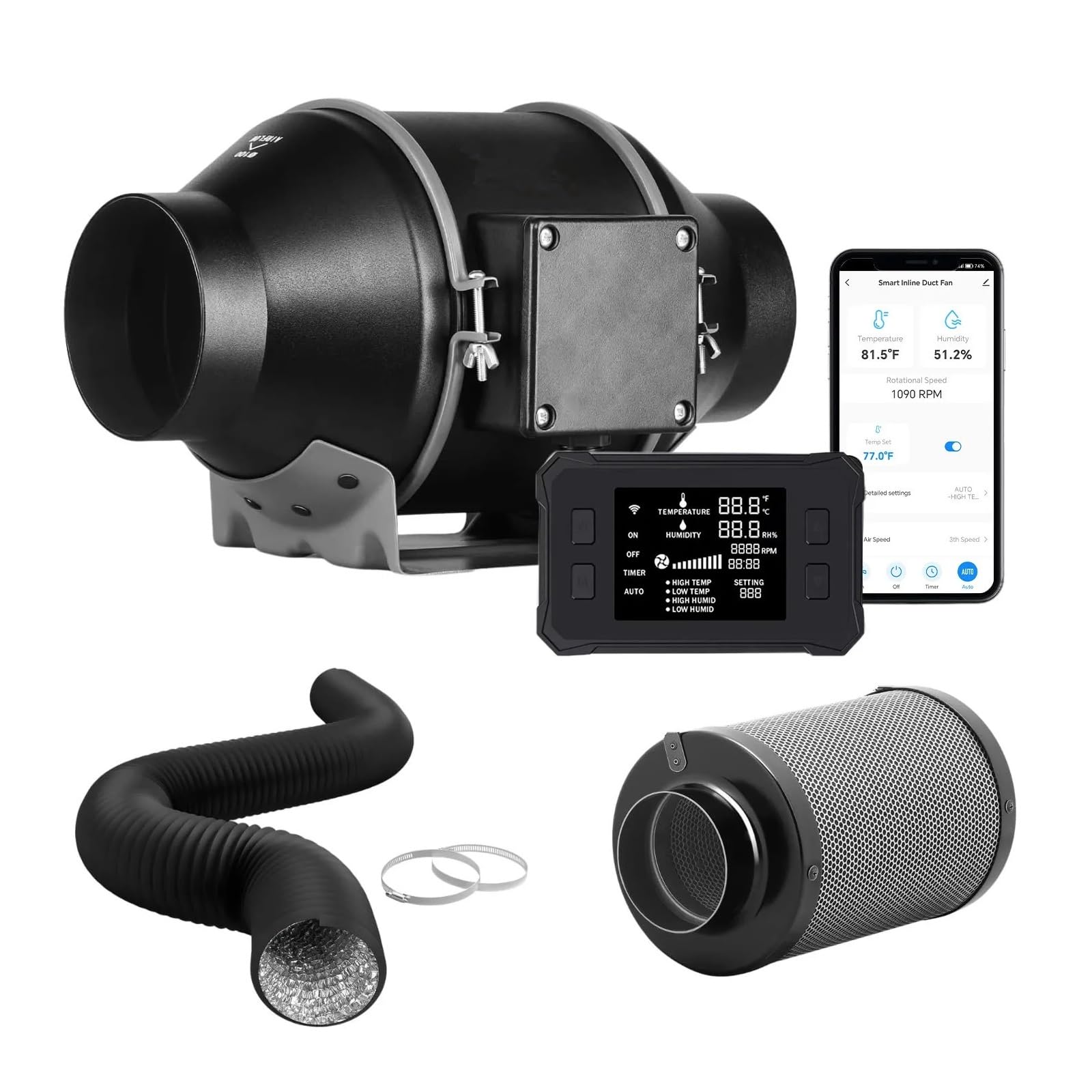 Ventilador De Ventilación De Conducto En Línea Con Aplicación Intelinte, Controlador Programable De 4 Pulgadas, 215 CFM, Ventilador De Aire De Escape Con Motor EC Silencioso(6 Inch 70W)