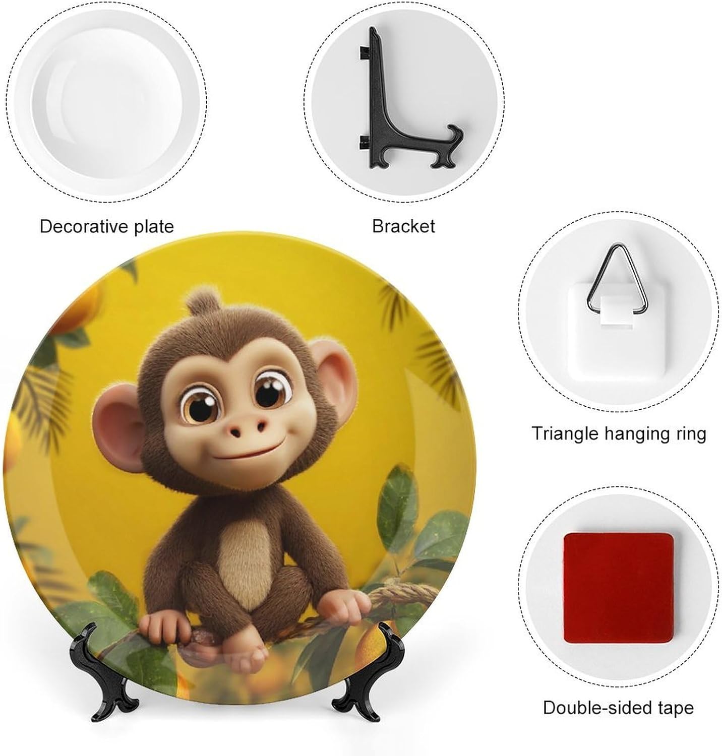 Bone China Decorative Plate 6inch Ceramic Decorative Plates with Display Stand Cute Funny Monkey Banana Dinner Plates Art Crafts Round Ceramic Ornaments Art Porcelain Plate for Home Office Wall Decor image 3