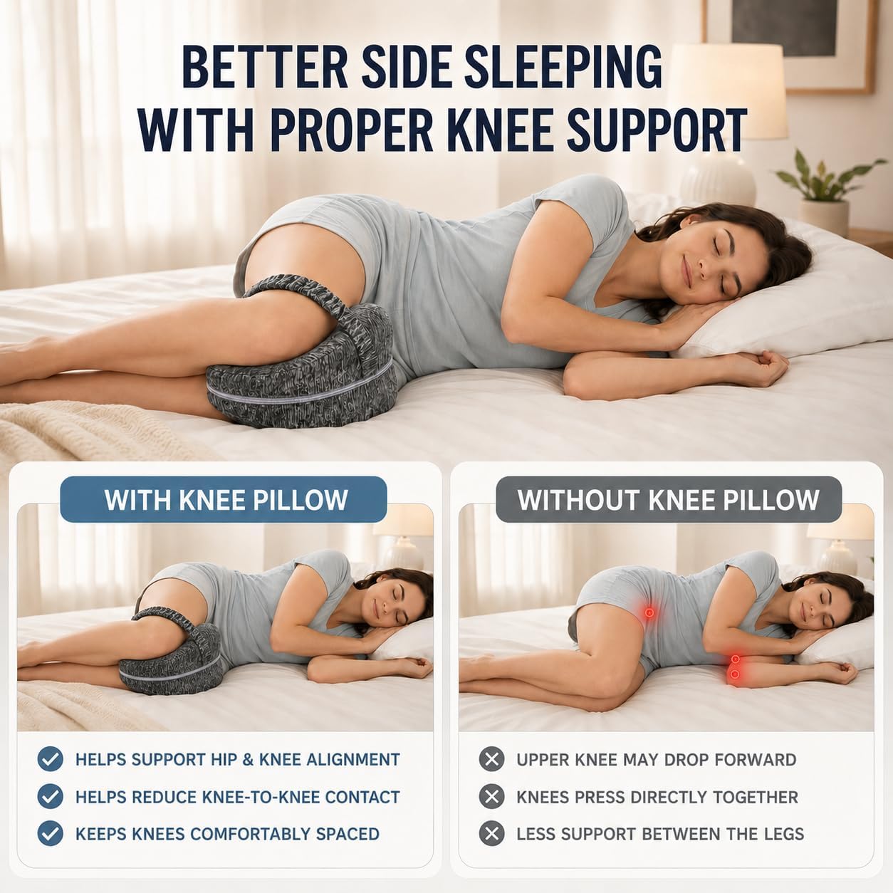 2026 Upgraded Knee Pillow for Side Sleepers with Strap, Hollow-Core Memory Foam Leg Pillow Between Knees, Sciatica Support for Lower Back, Knees, Joints & Spine, Post-Surgery Alignment Pillow