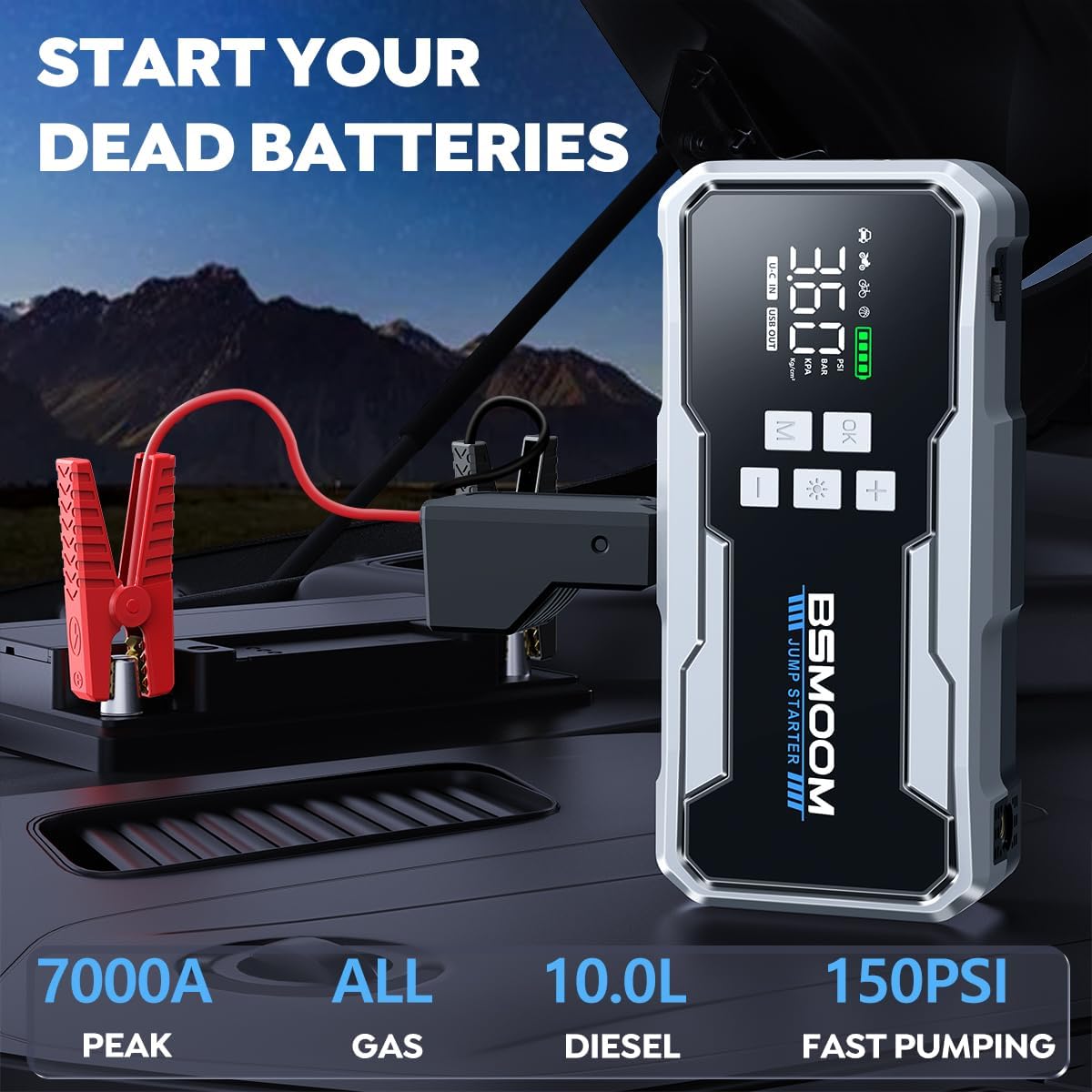 8000A Jump Starter with Air Compressor,26800mAh 160PSI Portable Jump Starter Battery Pack (All Gas/12L Diesel) Car Battery Jumper Starter Portable Jumper Cables with 3.4" LCD Display, Lights