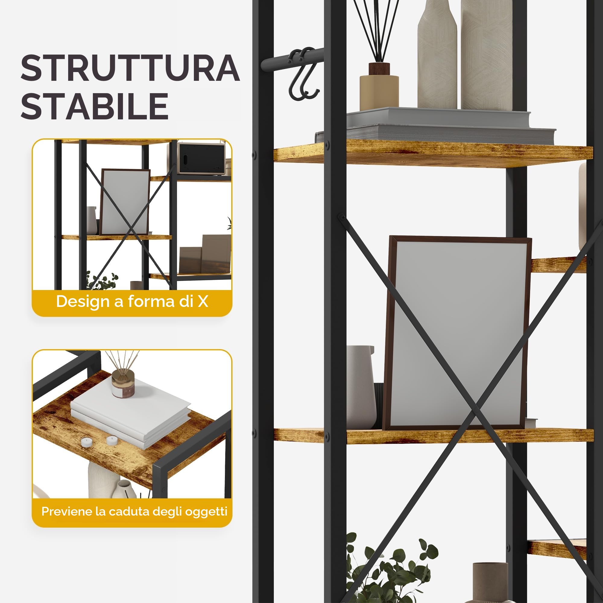 DWVO Libreria alta e ampia, libreria industriale con 13 ripiani, scaffale in legno e scaffale per libri in metallo, espositore per soggiorno, casa, ufficio, marrone rustico