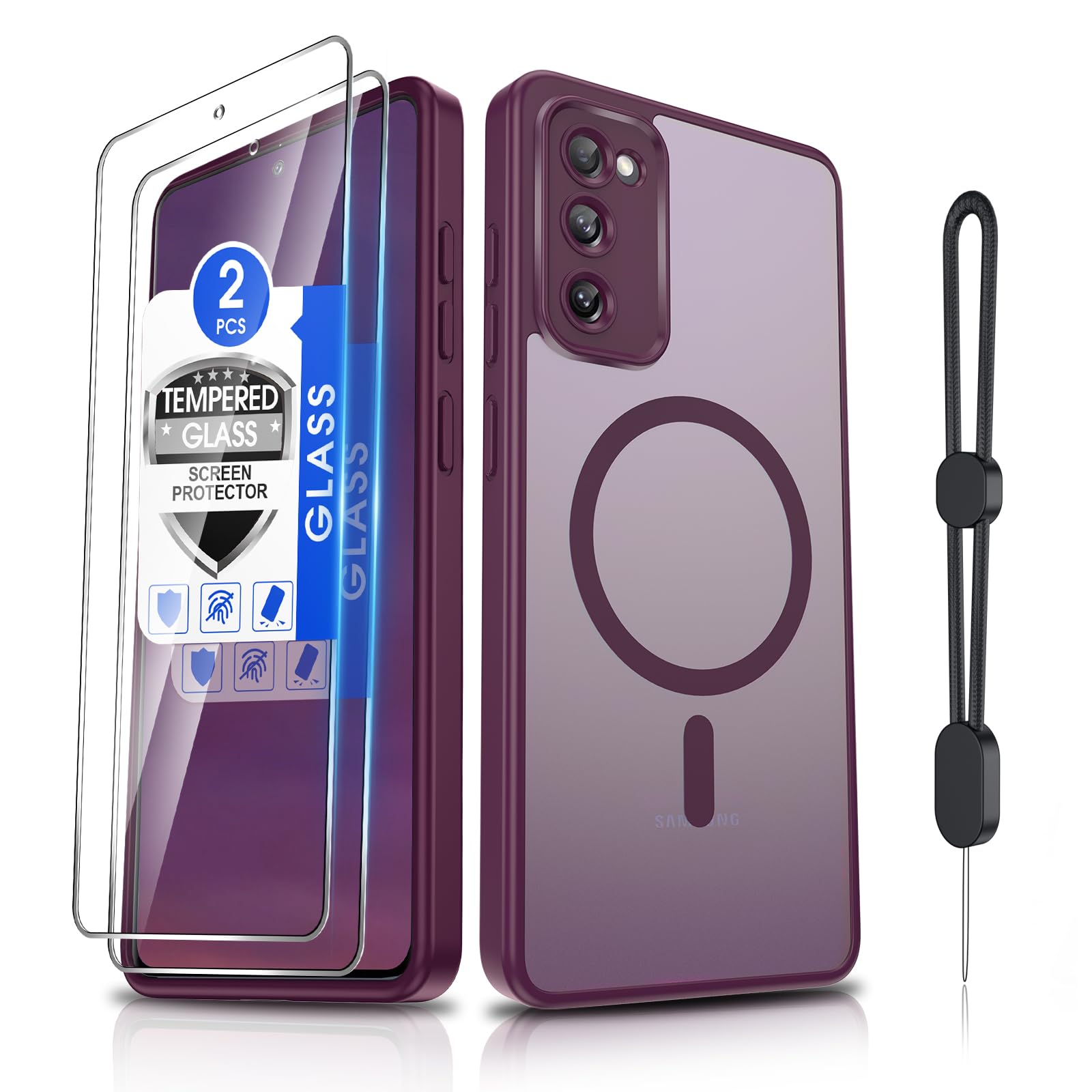 Dizn for Samsung Galaxy S20 FE Case,[Not Fit S20],with Tempered Glass Screen Protector,[Compatible with MagSafe], with Strap,Magnetic &amp; Military Grade Shockproof Protective (6.5 inches) S20FE,Wine Red