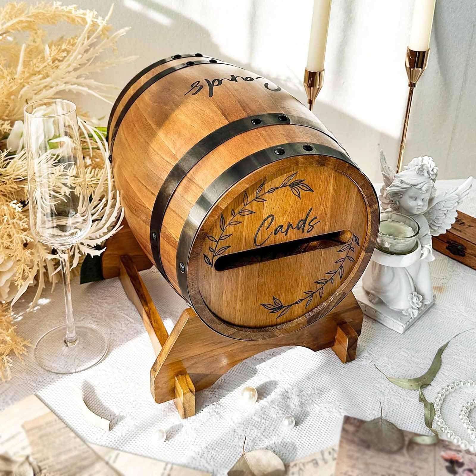 Baoblaze Scatola Porta Biglietti da Matrimonio in Legno per Feste, Robusta Scatola Porta Busta con Fessura e Supporto, Biglietti da Visita a Forma di Botte