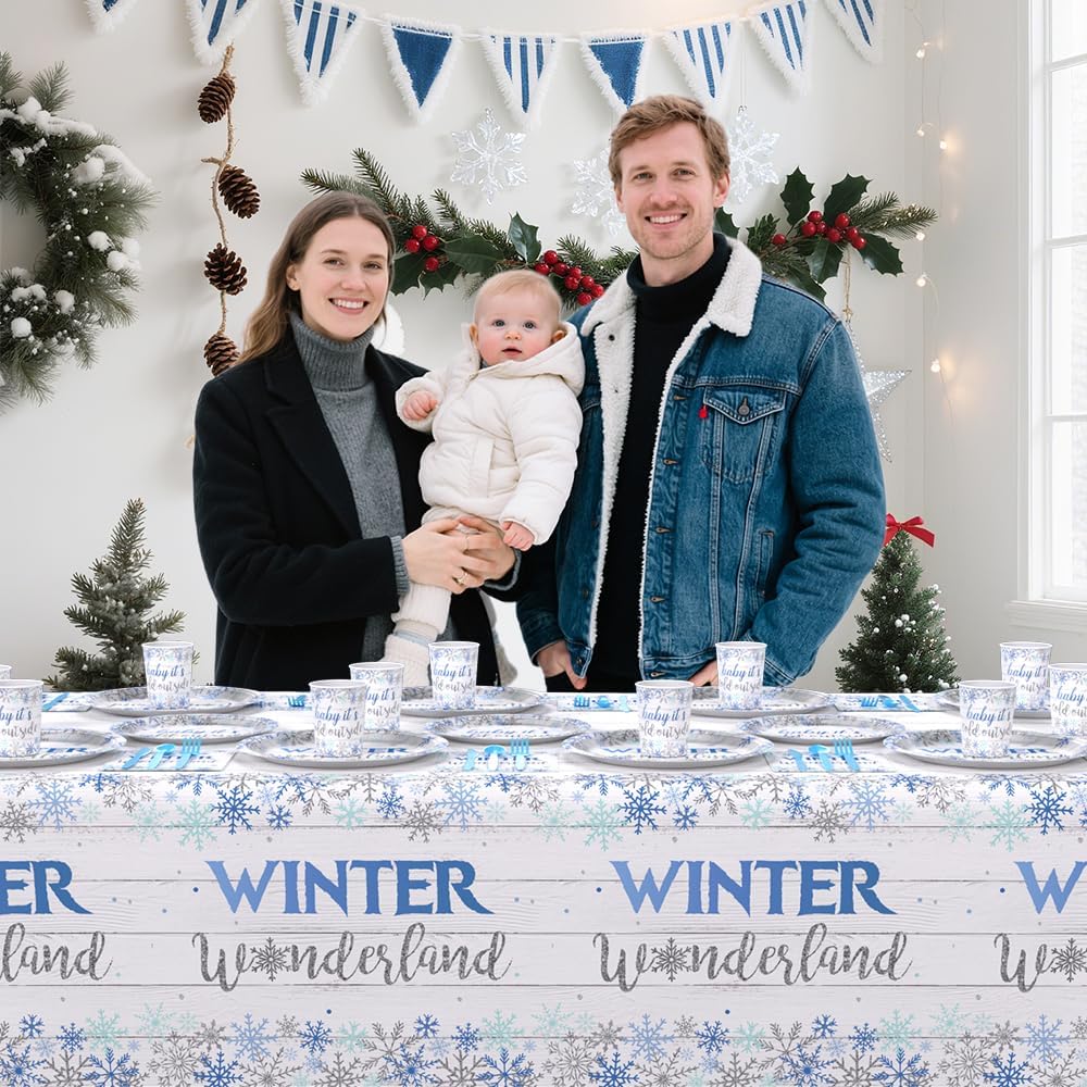 194pcs Winter Wonderland Baby Shower Decorations Winter Wonderland plates and Napkins, Cup, Tablecloth, Tableware, Blue Disposable Christmas Snowflake Party Supplies Serve 24 Guests - Image 6