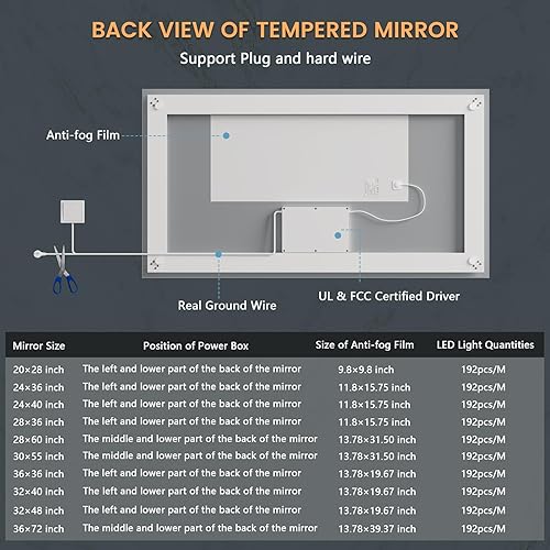 Miniatura 7 de Espejo de baño iluminado de 55 x 30 pulgadas para pared, espejo de baño inteligente LED de vidrio templado con antiniebla, regulable continuo, 3