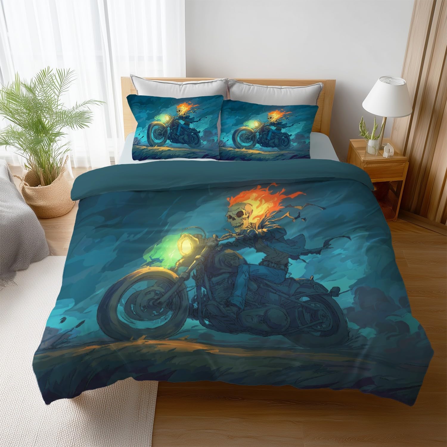 Cartoon poszwa na kołdrę 200 x 200 cm fantazyjna czaszka motocykl zestaw pościeli dziecięcej i 2 poszewki na poduszki 65 x 65 cm miękka mikrofibra z zamkiem błyskawicznym - niebieski pomarańczowy