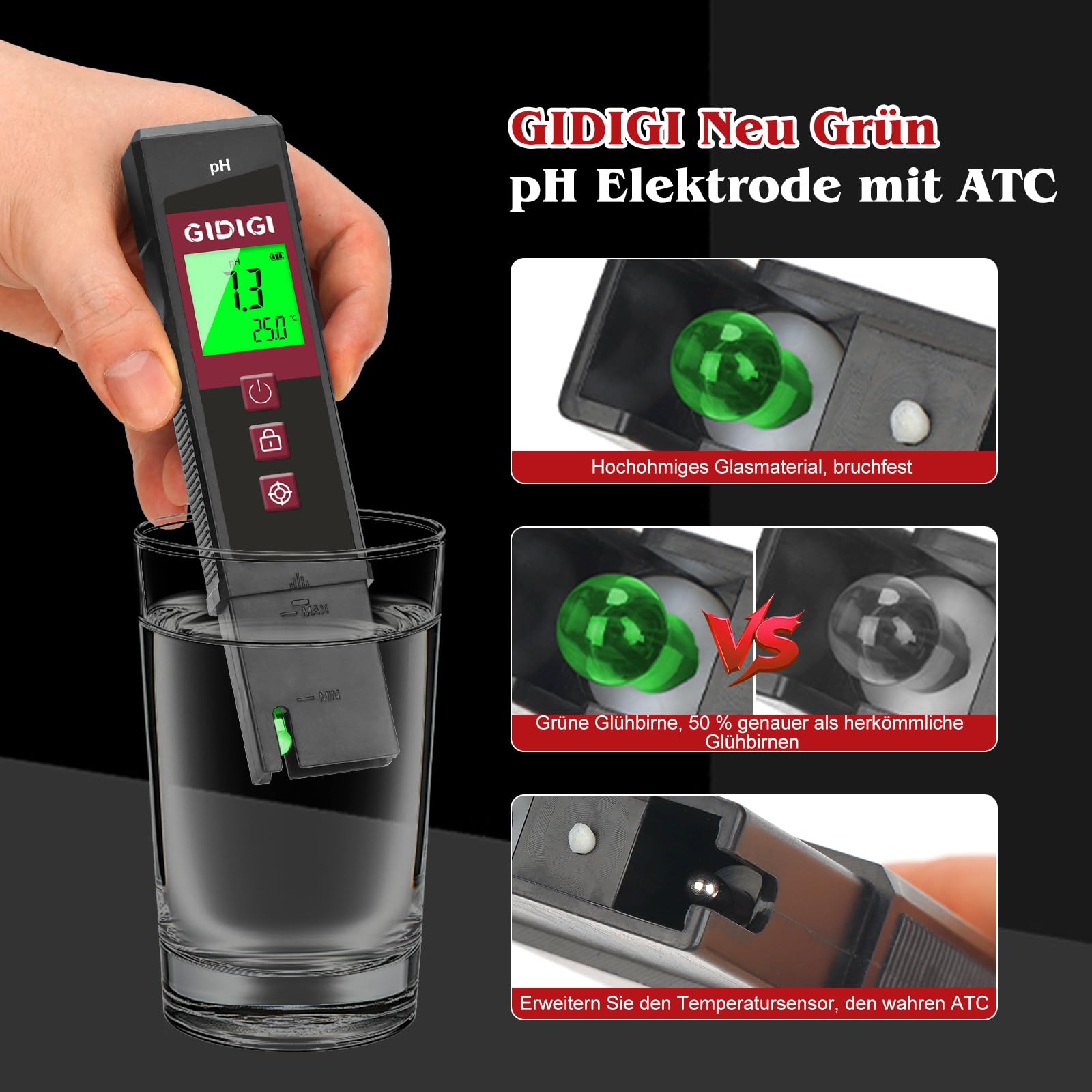 Digitales pH Messgerät für Wasser mit LED, pH-Tester mit Farb-LED-Bildschirm, ATC, für Pool, Hydrokultur, Spa, Aquarium, Trinkwasser