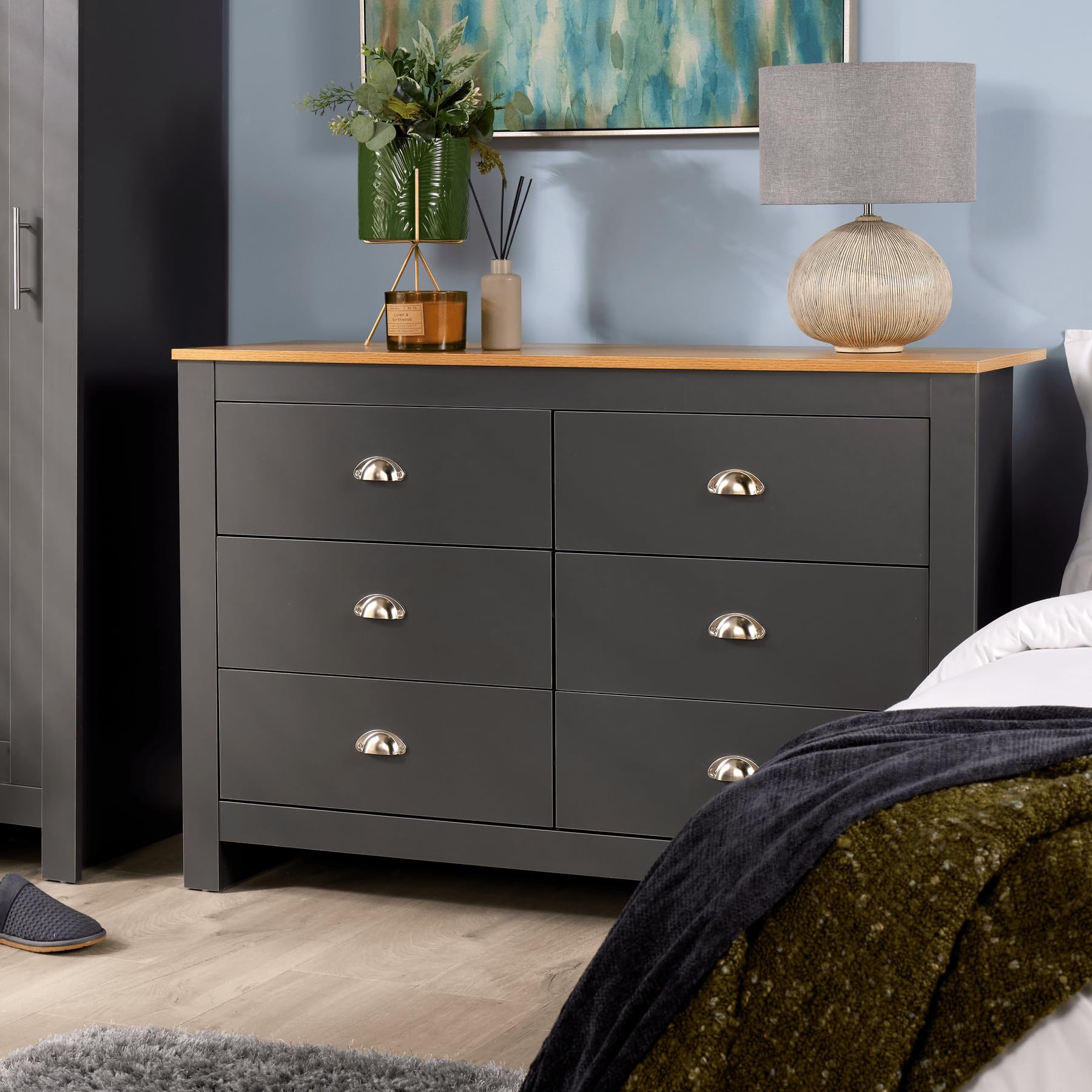 Home Source Camden Bedroom 6 Drawers Chest of Drawers Wooden Bedroom Home Furniture Clothing Storage Unit, Graphite