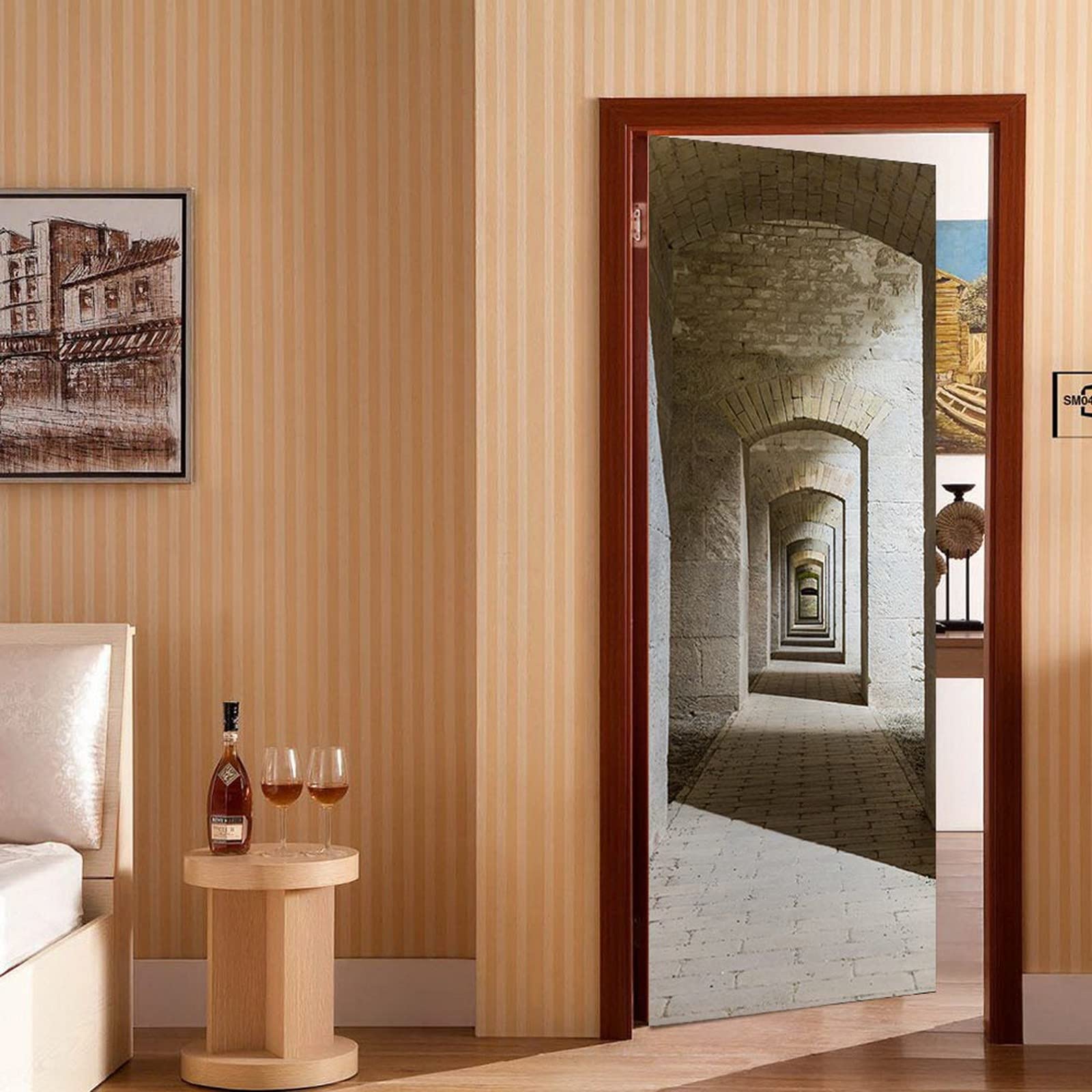 A.Monamour Adesivo Porta Autoadesiva Interno del Tunnel del Castello con Una Serie di Archi Simmetrici in Bastione Fortezza Vinile PVC Adesivi per Porte Pellicola Adesiva Poster Sticker Murale Parete